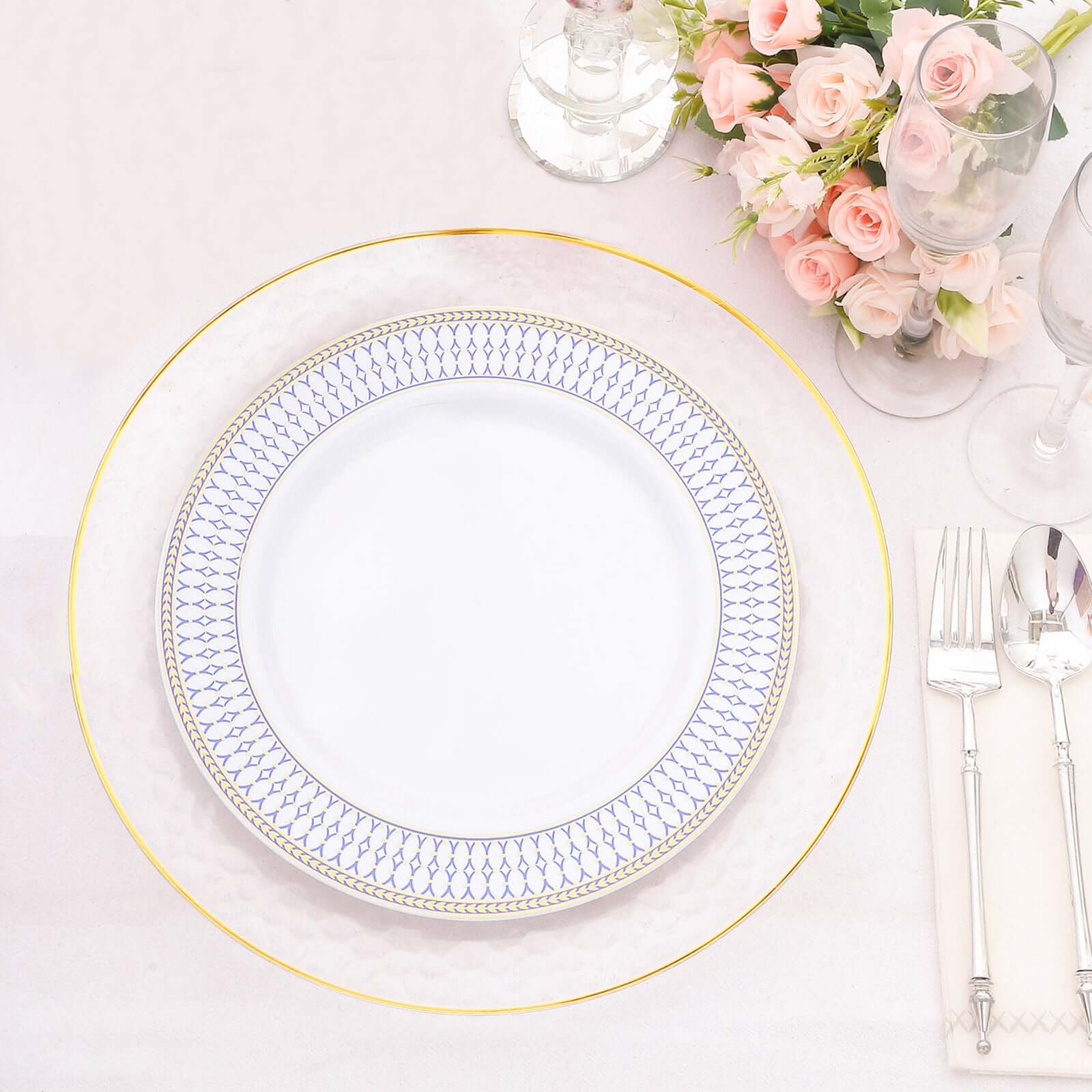 10-Pack Plastic 10 Round Dinner Plates in White with Gold Navy Blue Chord Rim - Renaissance Style Disposable Plates for Events & Banquets