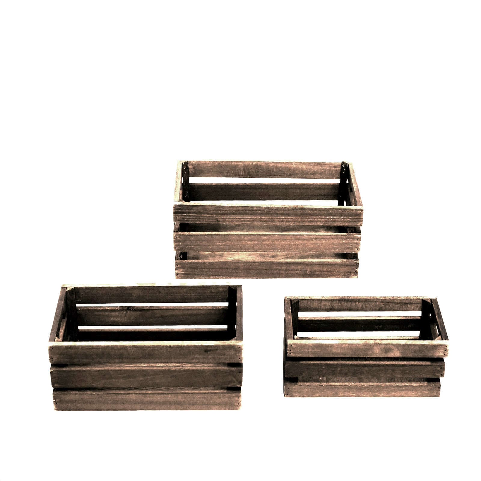 Set of 3 Rustic Wooden Crates Smoked Brown - Multi-Purpose Planters, Storage Containers & Display Risers