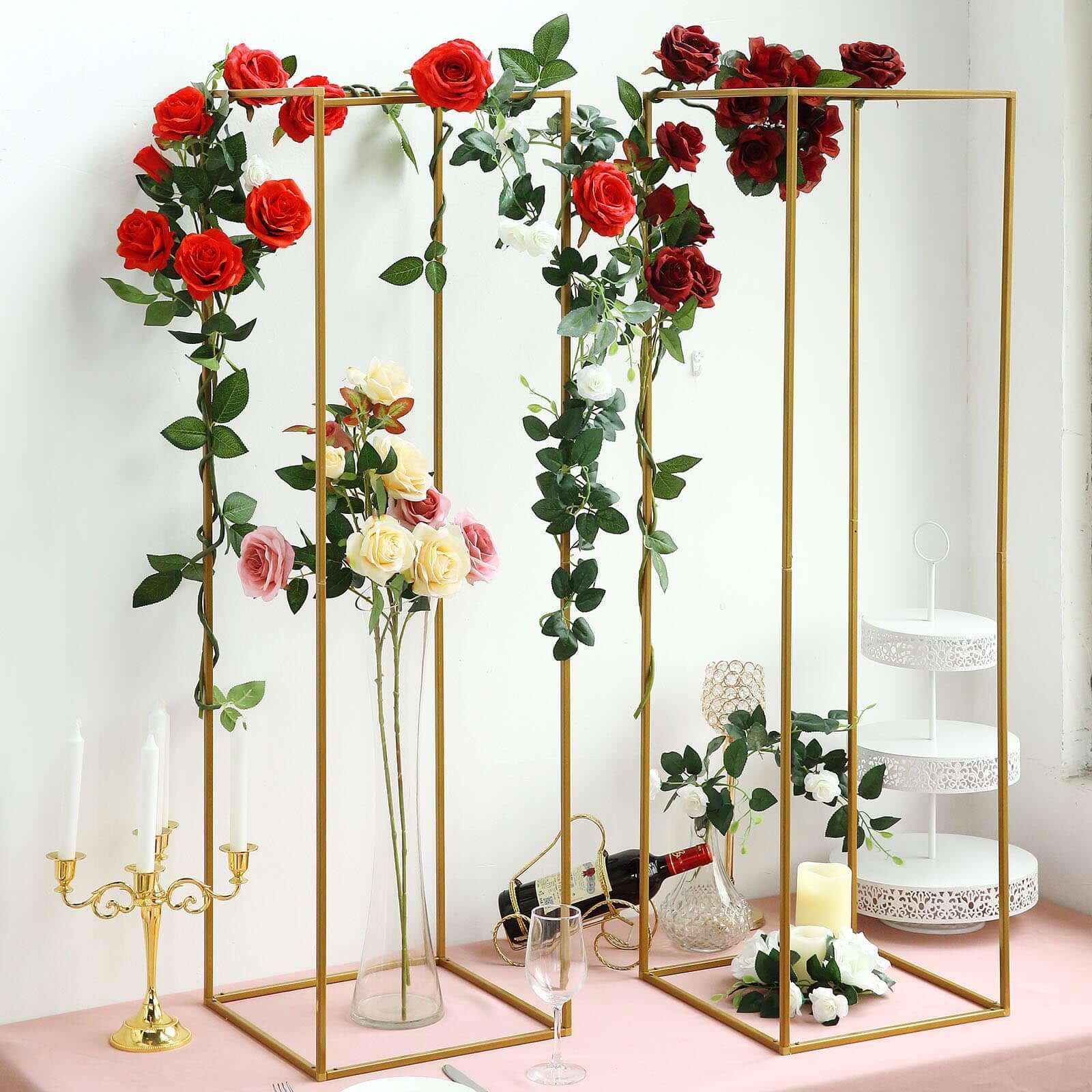 2-Pack Wedding Flower Stand Gold Metal Geometric Column Frame Rectangular - Versatile Floral Pedestal for Upscale Arrangements 48