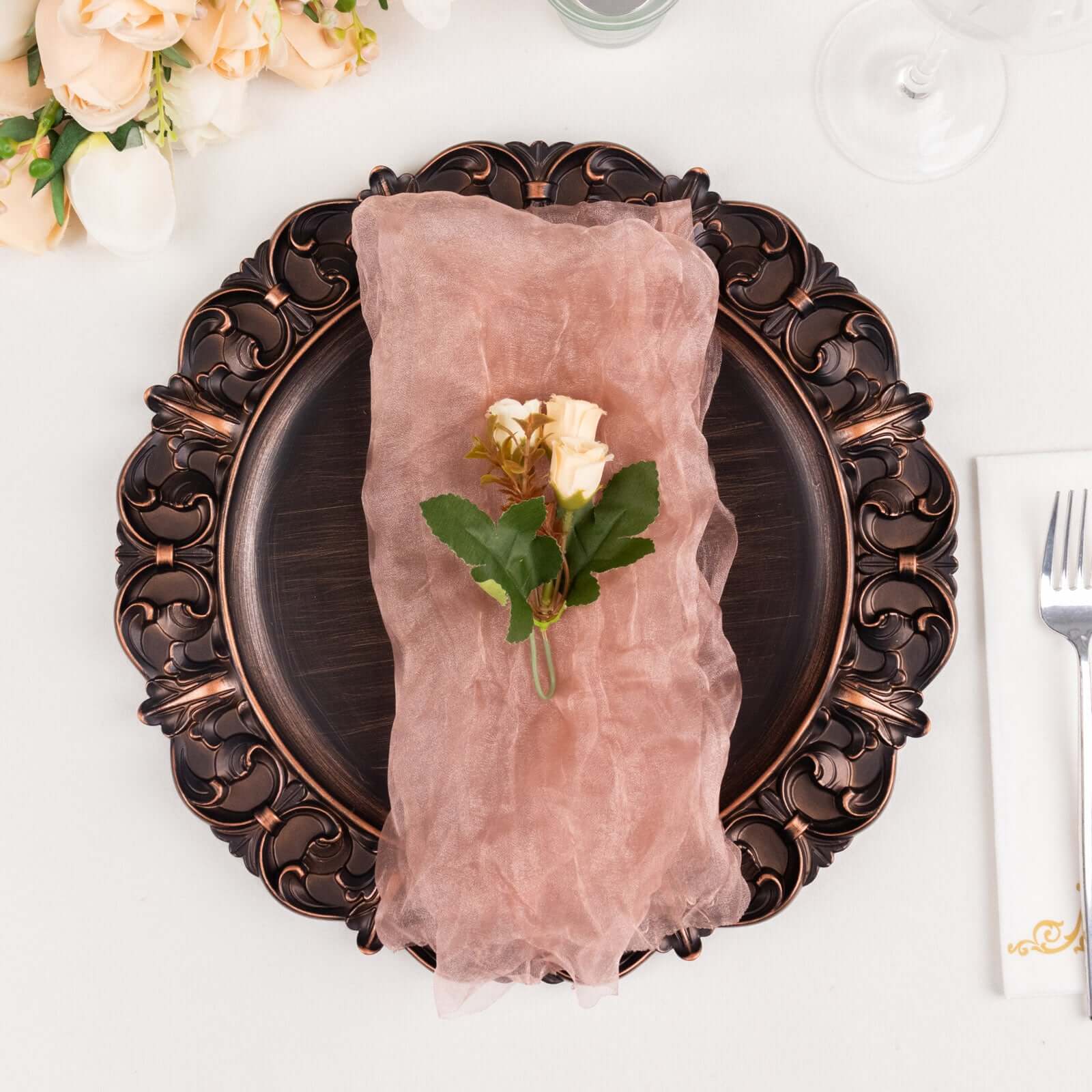 5 Pack Crinkled Organza 21x21 Napkins Dusty Rose - Rustic Style Dinner & Party Napkins