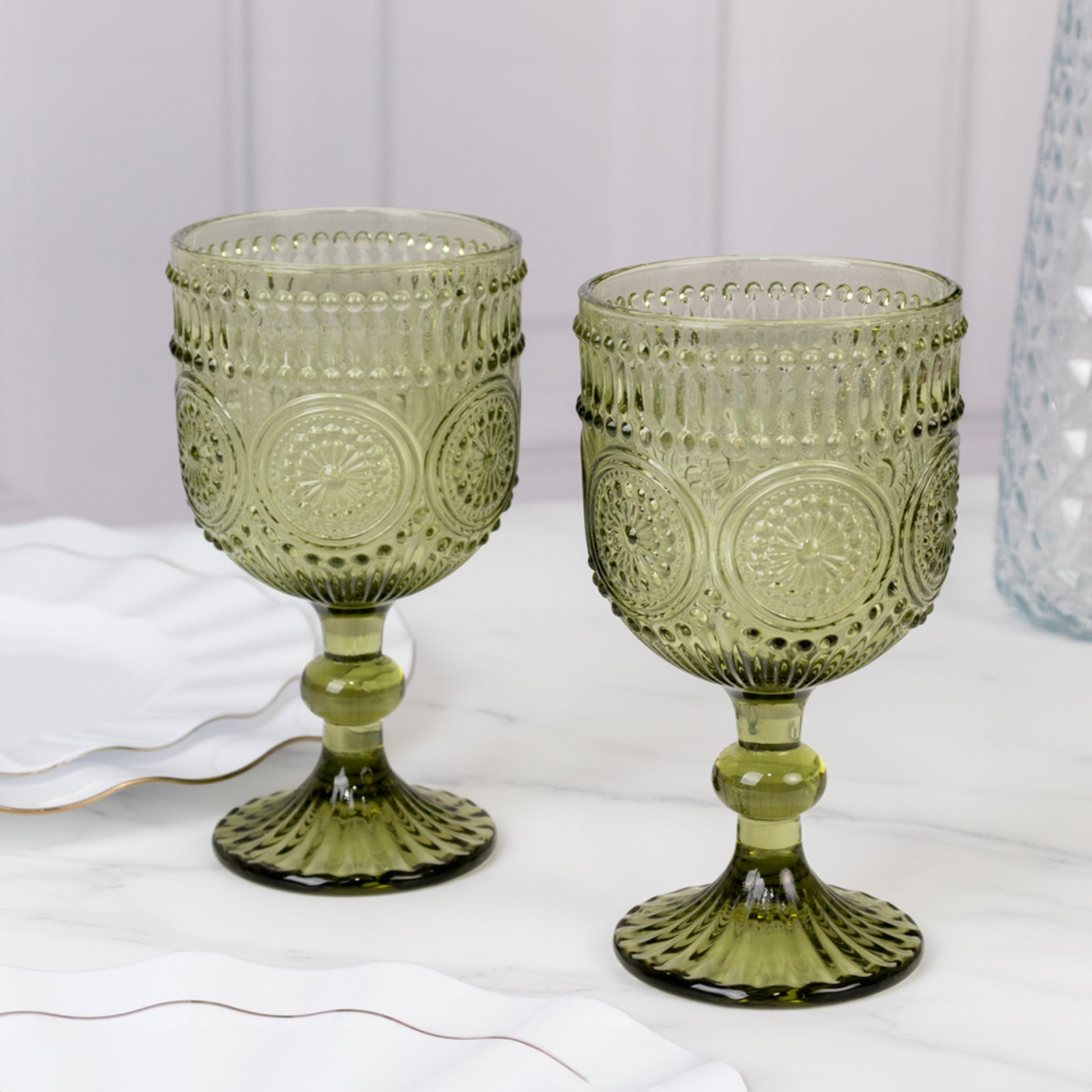 6-Pack Wine Glasses Dusty Sage Green Vintage Embossed Design with Textured Floral Pattern - Short Stemmed Glasses for Drinks & Cocktails 12oz