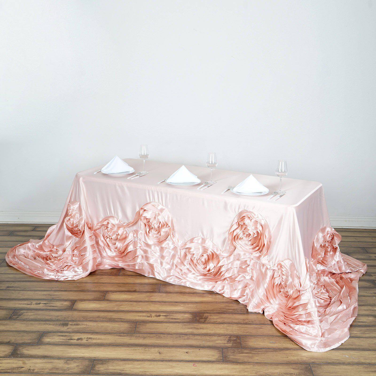 90x156 Blush Seamless Large Rosette Rectangular Satin Tablecloth for 8 Foot Table With Floor-Length Drop