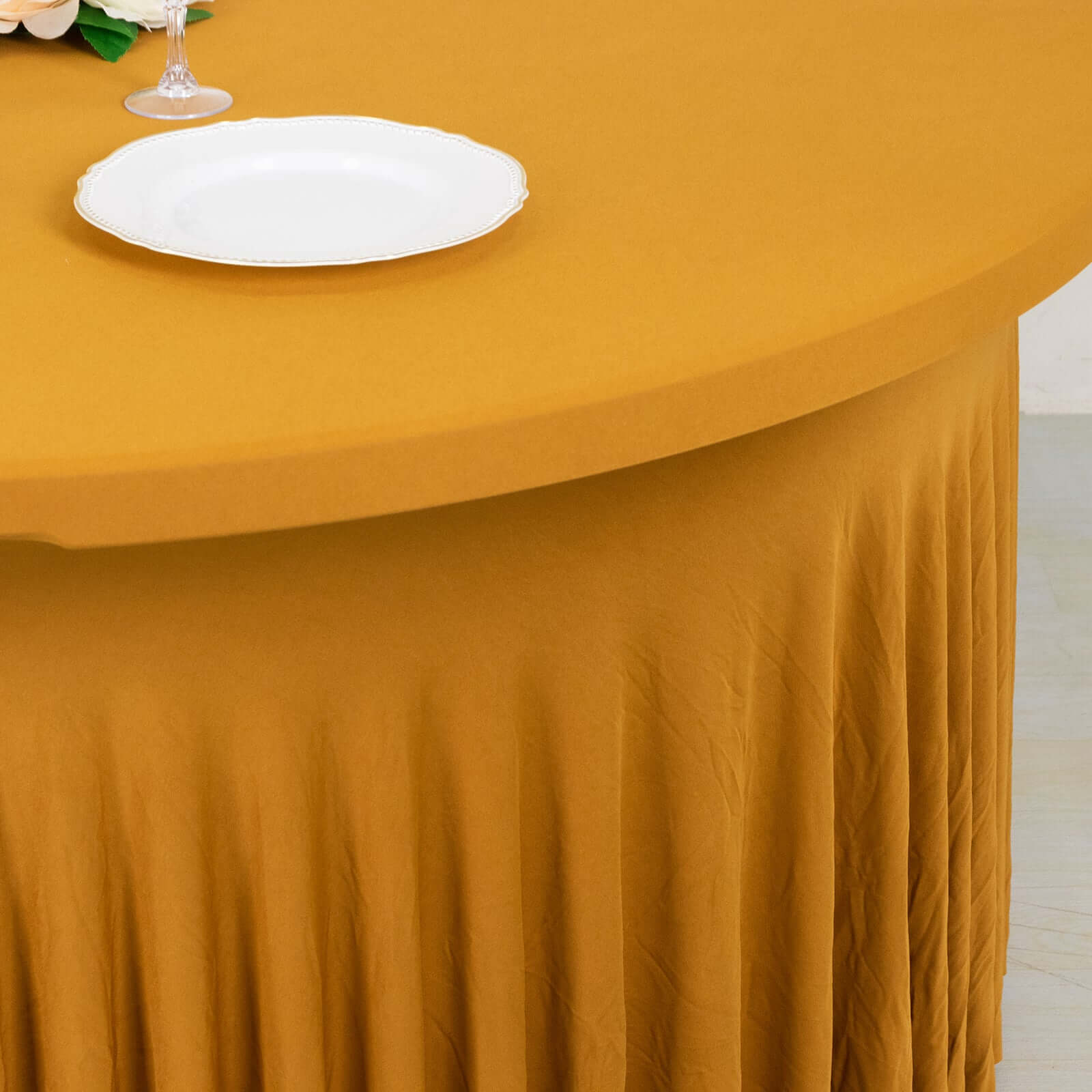 Spandex Round 6ft Table Skirt Gold with Wavy Skirt-Like Effect Stylish Table Cover for Weddings, Banquets & Trade Shows