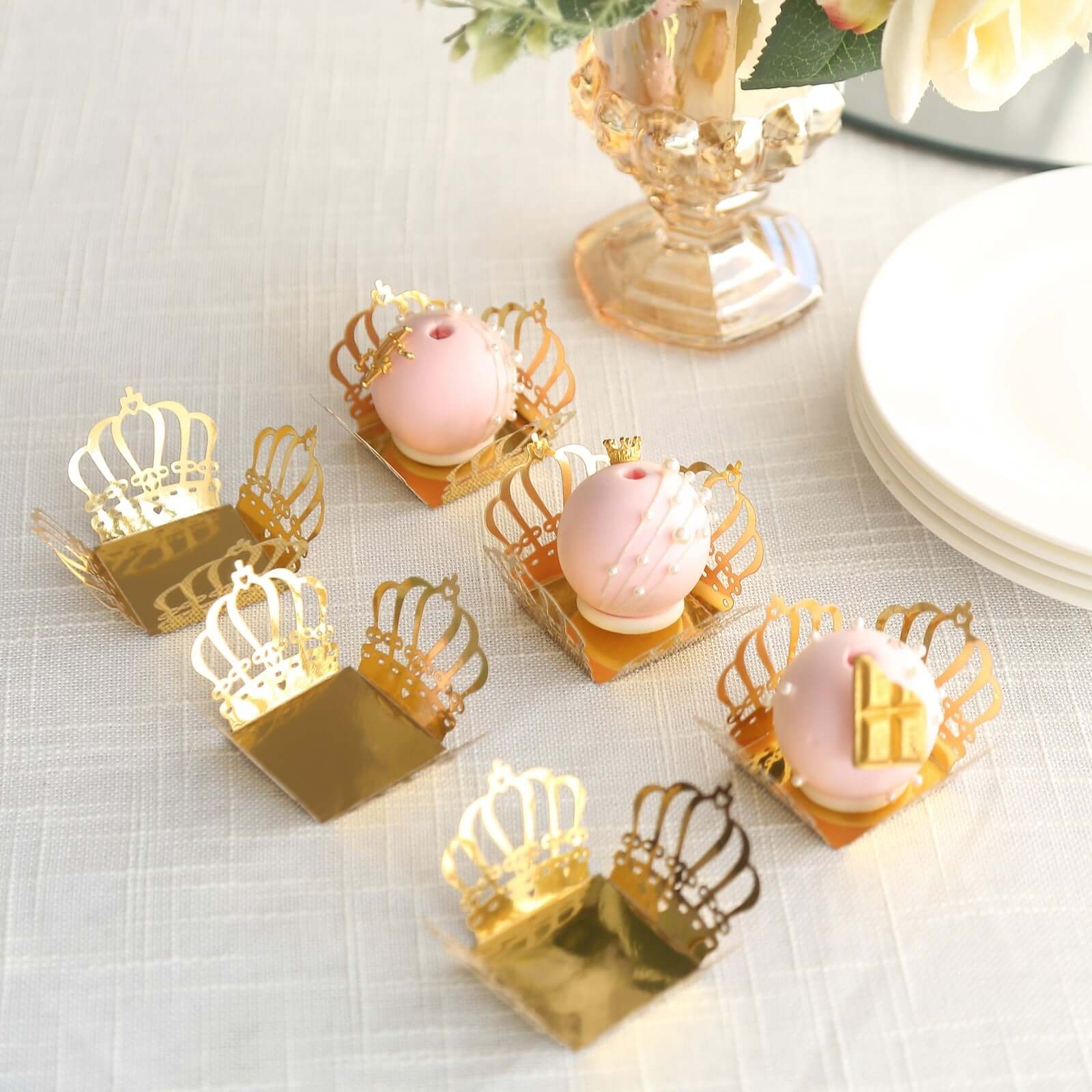 50-Pack Mini Paper Truffle Cup Liners Crown Square Design Metallic Gold - 225GSM Cupcake Tray Wrappers 4