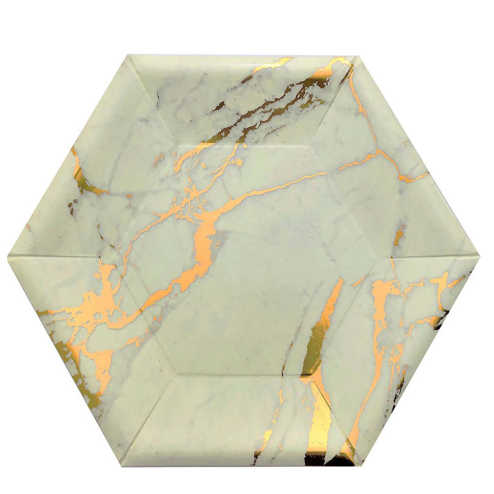 25 Pack Ivory Marble 12 Serving Dinner Paper Plates, Disposable Hexagon Geometric Shaped Plates With Gold Foil Marble Design - 400 GSM