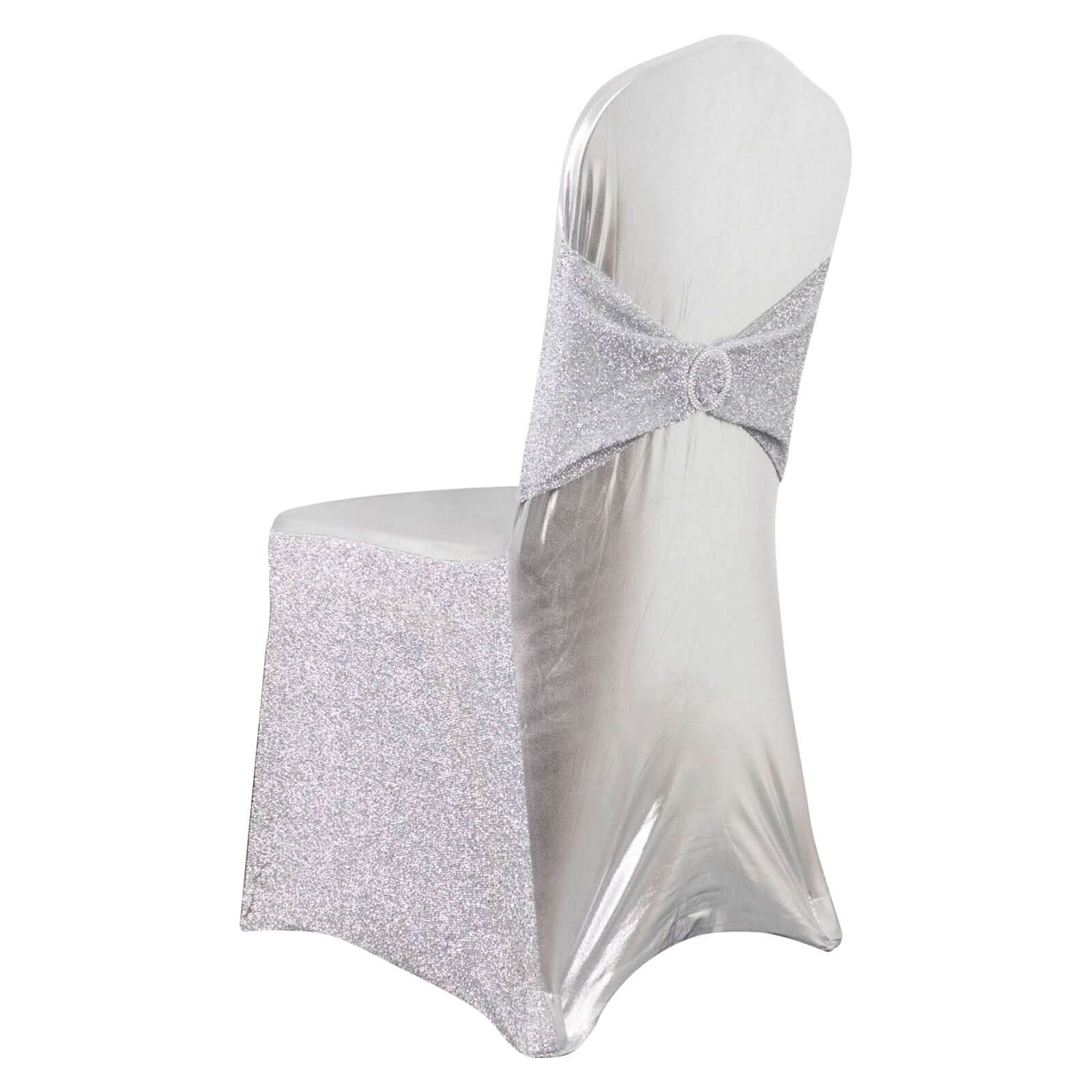 Spandex Banquet Chair Cover Metallic Silver Tinsel with Sash and Rhinestone Buckle - Shimmering Fitted Slipcover