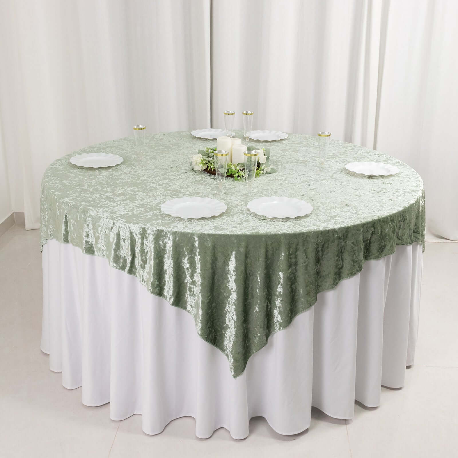 Velvet 72x72 Table Overlay Square Tablecloth Sage Green - Premium Crushed Design for Stylish Celebrations