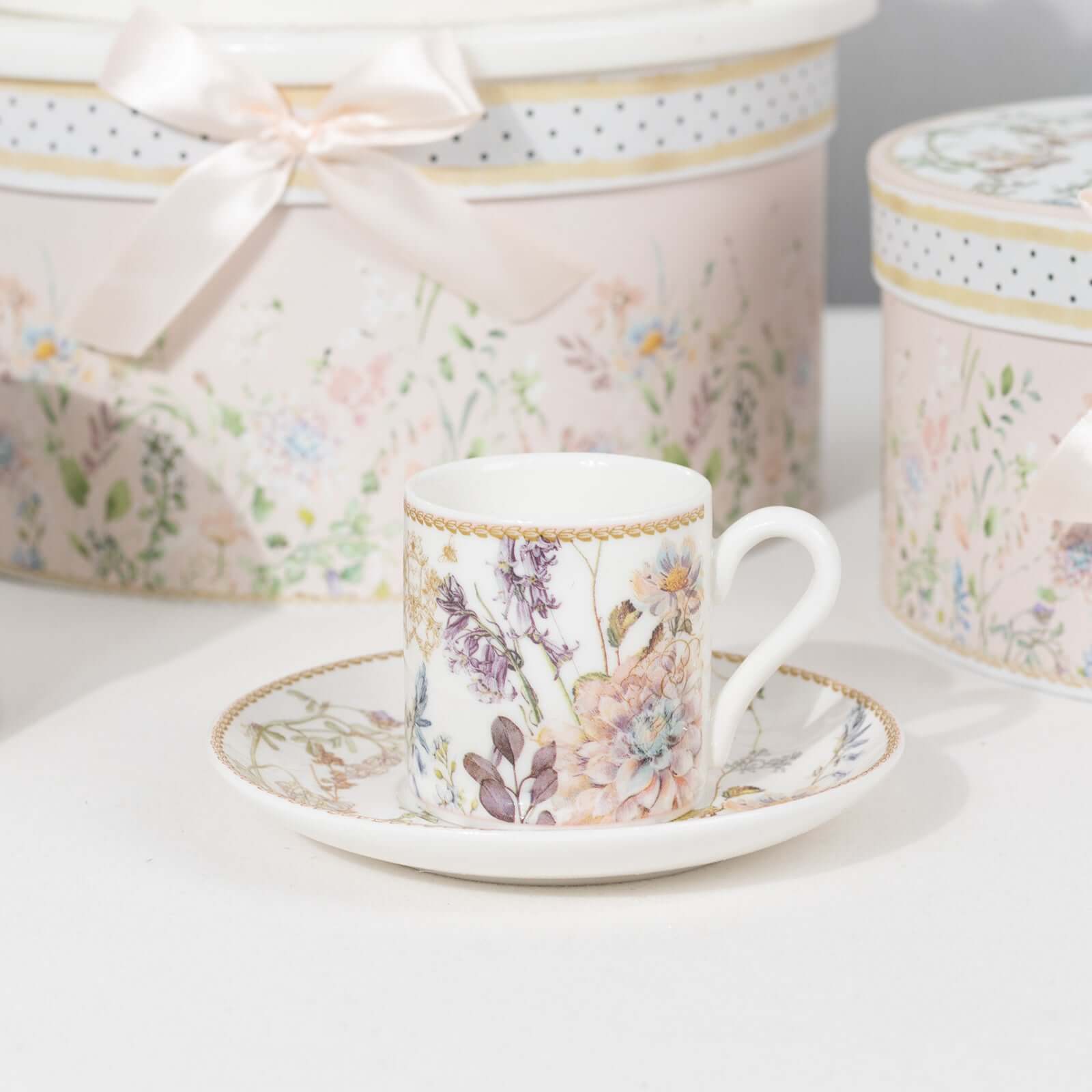 Blush Floral Design Bridal Shower Gift Set, Set of 2 Porcelain Espresso Cups and Saucers with Matching Keepsake Box