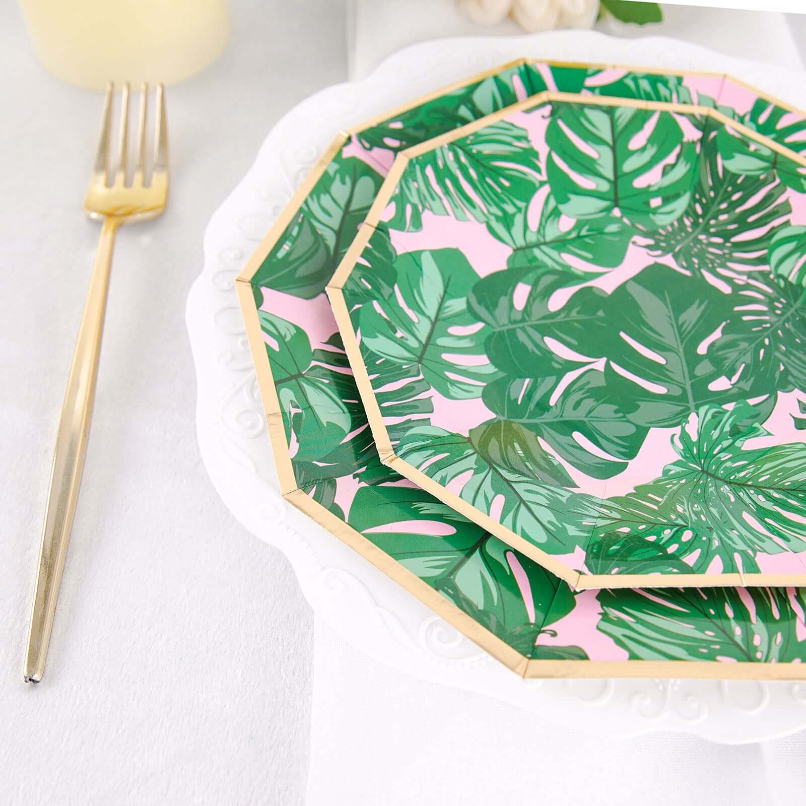 25-Pack Paper 7 Decagon Dessert Plates in Pink with Green Tropical Palm Leaves & Gold Rim - Disposable Geometric Appetizer Salad Plates for Boho Chic & Jungle Themed Events