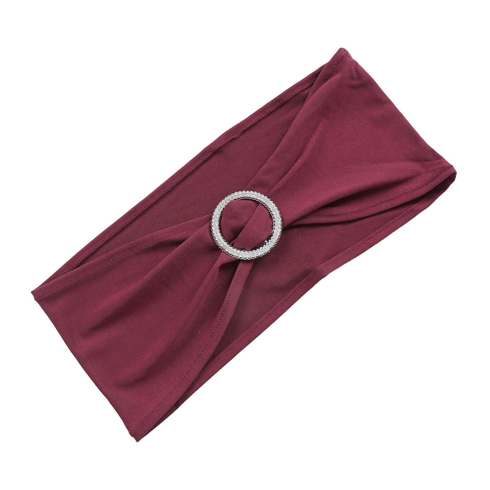 5 Pack Stretch Spandex Chair Sashes Burgundy - Reusable Chair Bands with Silver Diamond Ring Slide Buckle 5x14