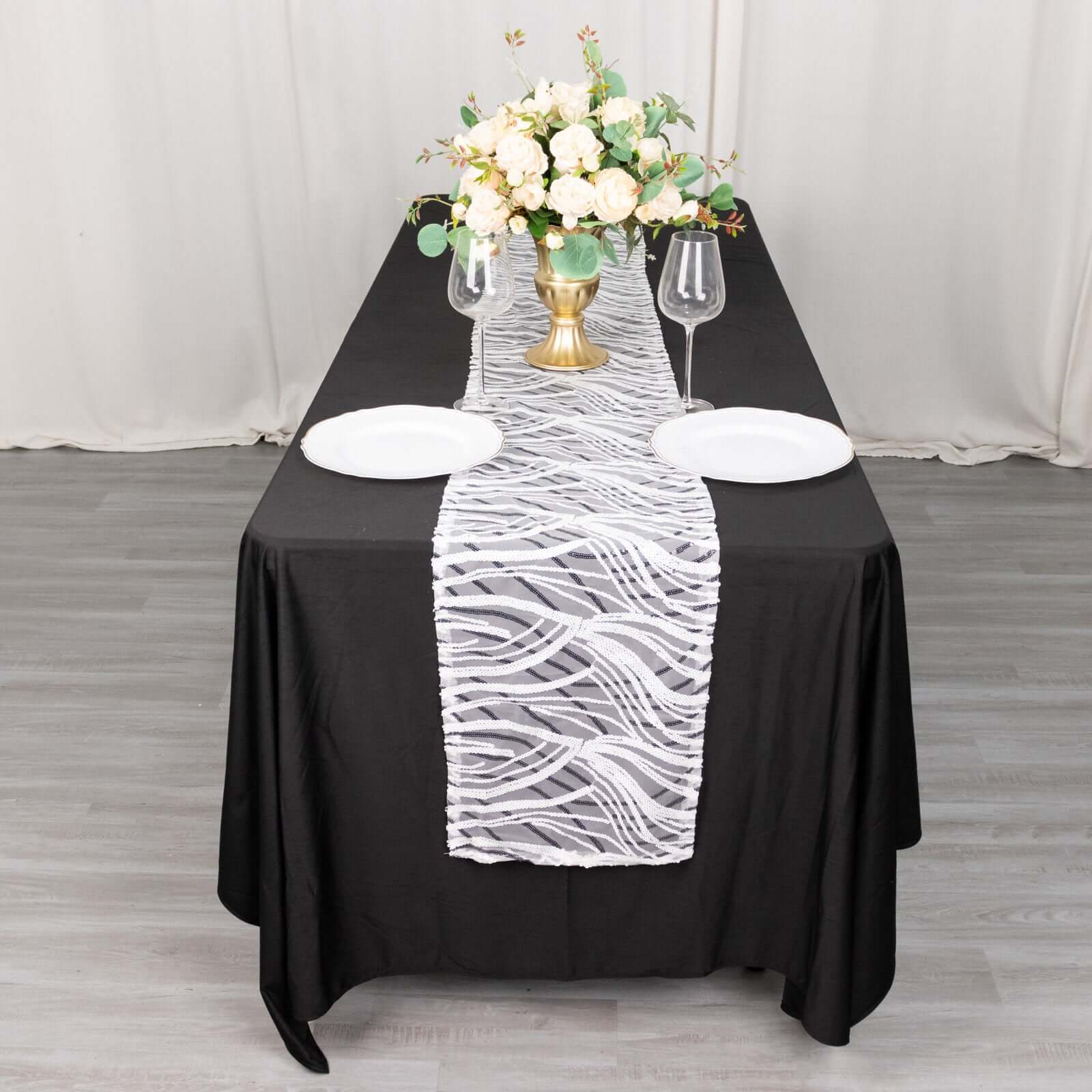 Sequin Mesh 12x108 Table Runner White Black Stylish Wave Embroidery