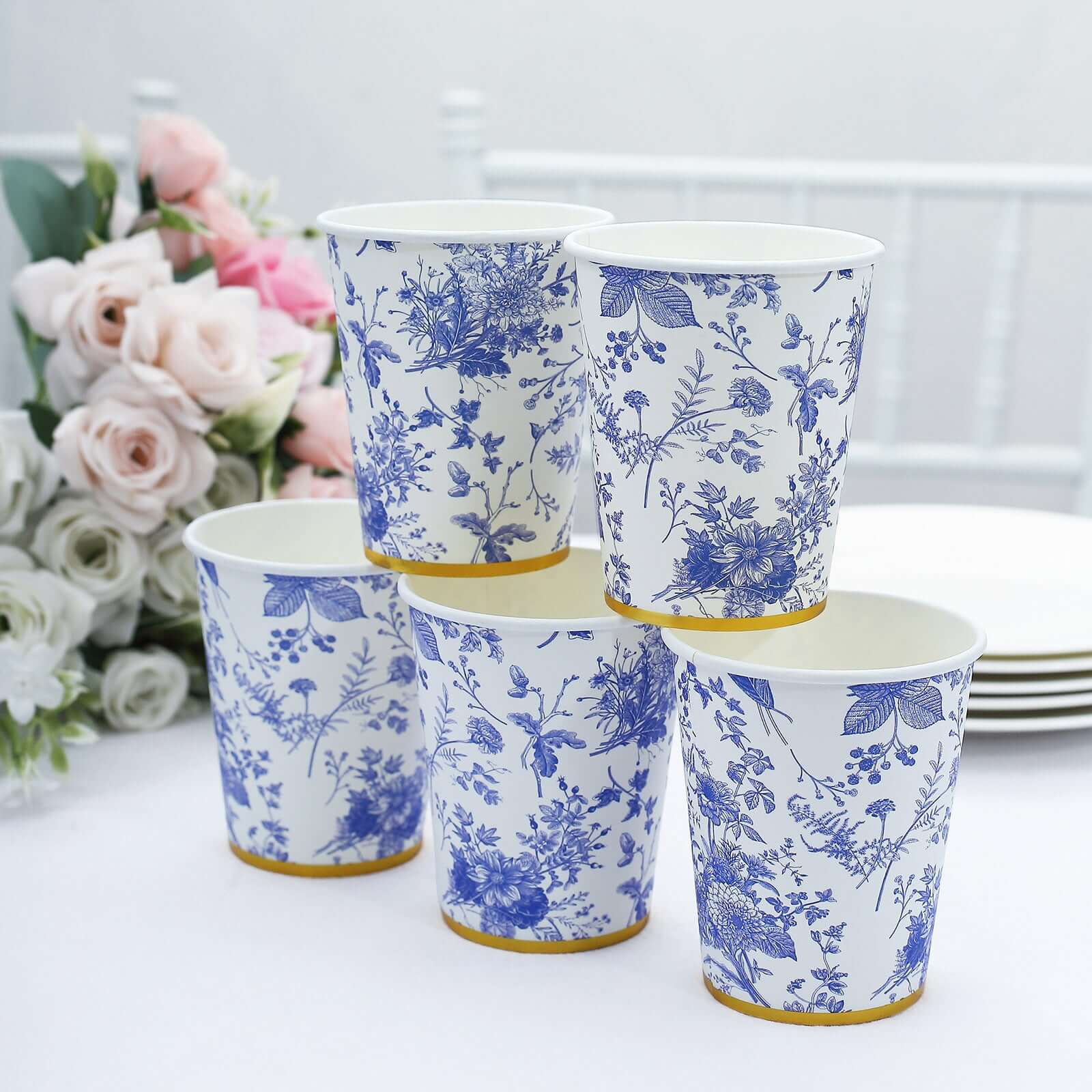 24-Pack Paper Cups in White with Light Blue French Toile Print - Stylish Disposable Floral Party Cups with Gold Rim for Hot & Cold Beverages 9oz