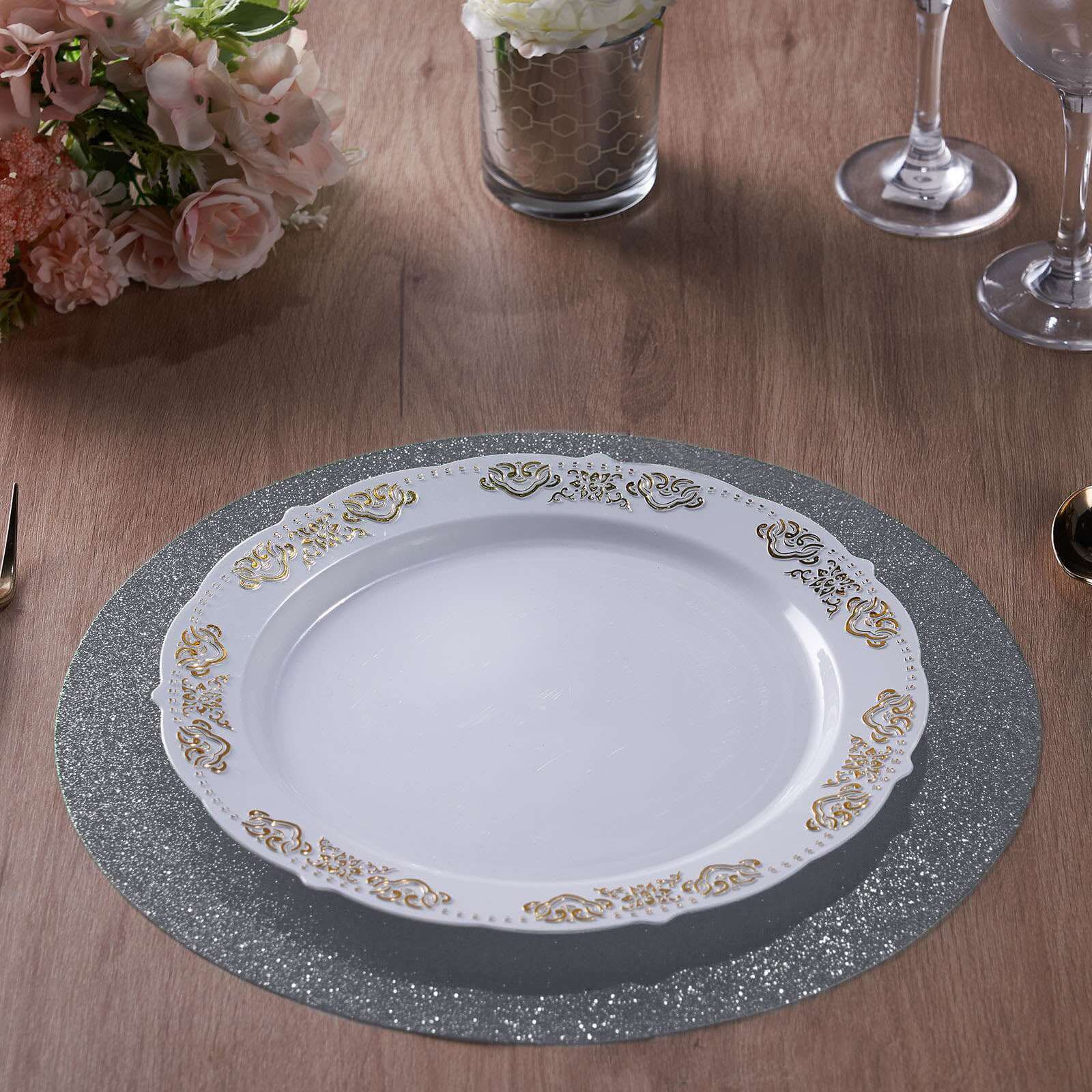 6-Pack Placemats Glitter Design Charcoal Gray Sparkle Round - Non-Slip Decorative Dining Table Mats 13