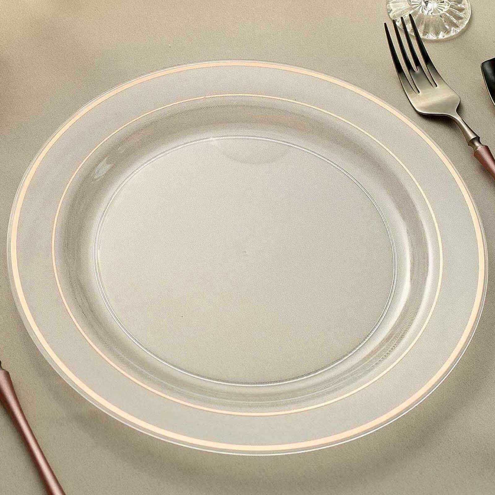 10-Pack Plastic Dinner Plates Clear with Très Chic Rose Gold Rim - Perfect Disposable Party Plates 10