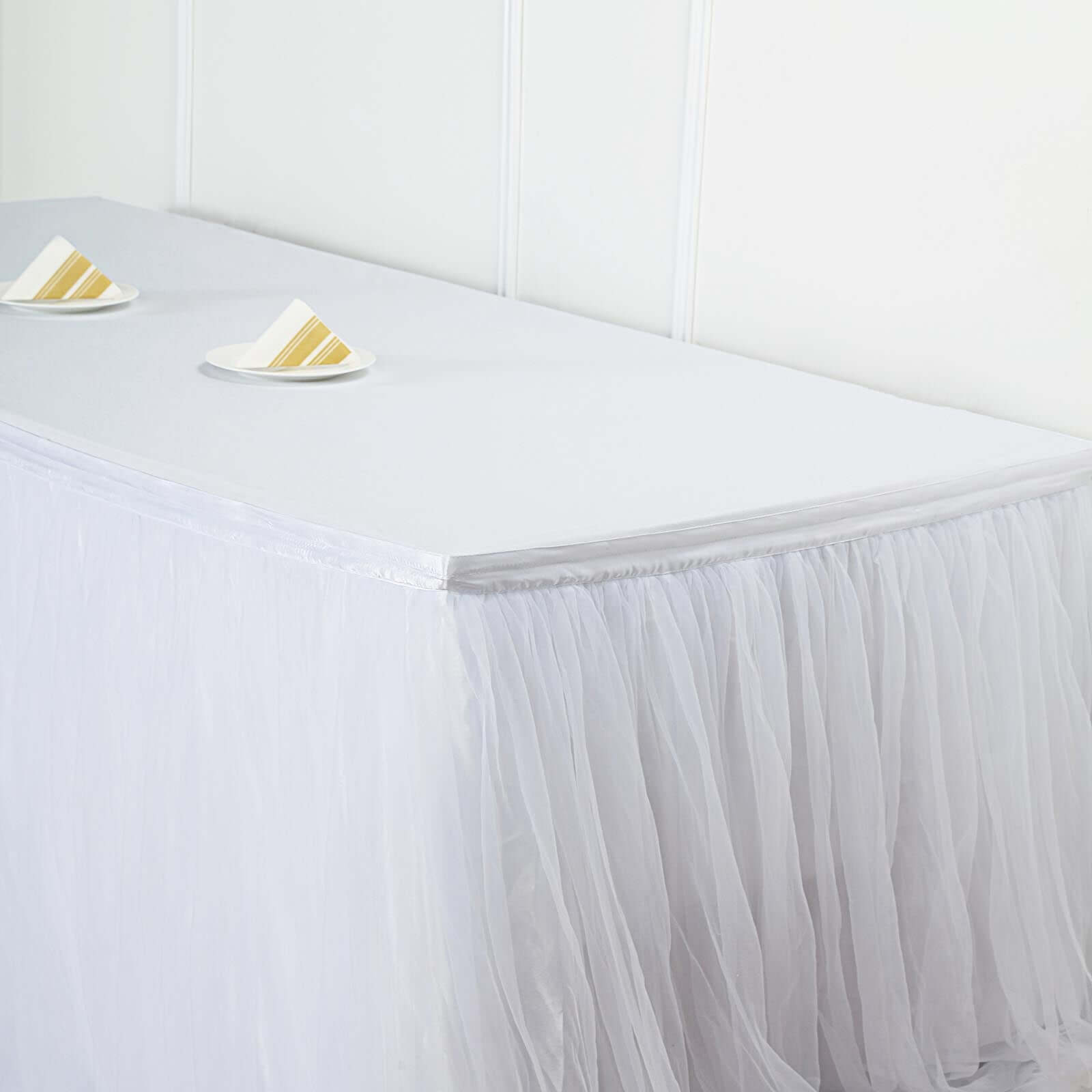 Extra Long Tulle 17ft Table Skirt White with Satin Edge - Table Cover for Baby Showers & Events