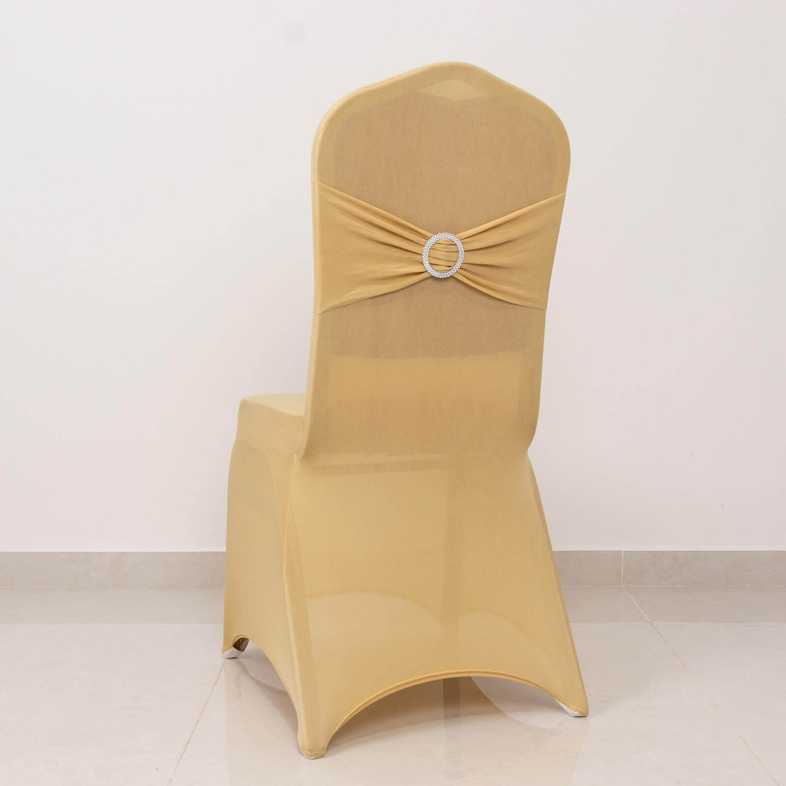 Spandex Chair Cover with Champagne Rhinestone Buckled Sash Band Blush - Stretch Fitted Slipcover