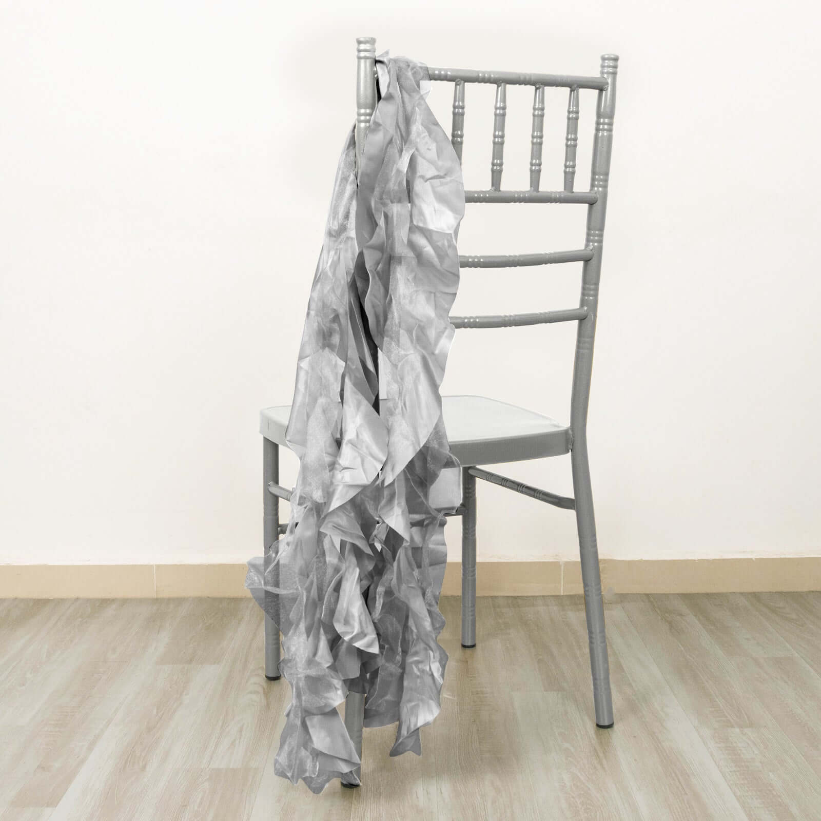 5 Pack Chiffon Satin Chair Sashes Silver - Easy to Install Ruffled Curly Willow