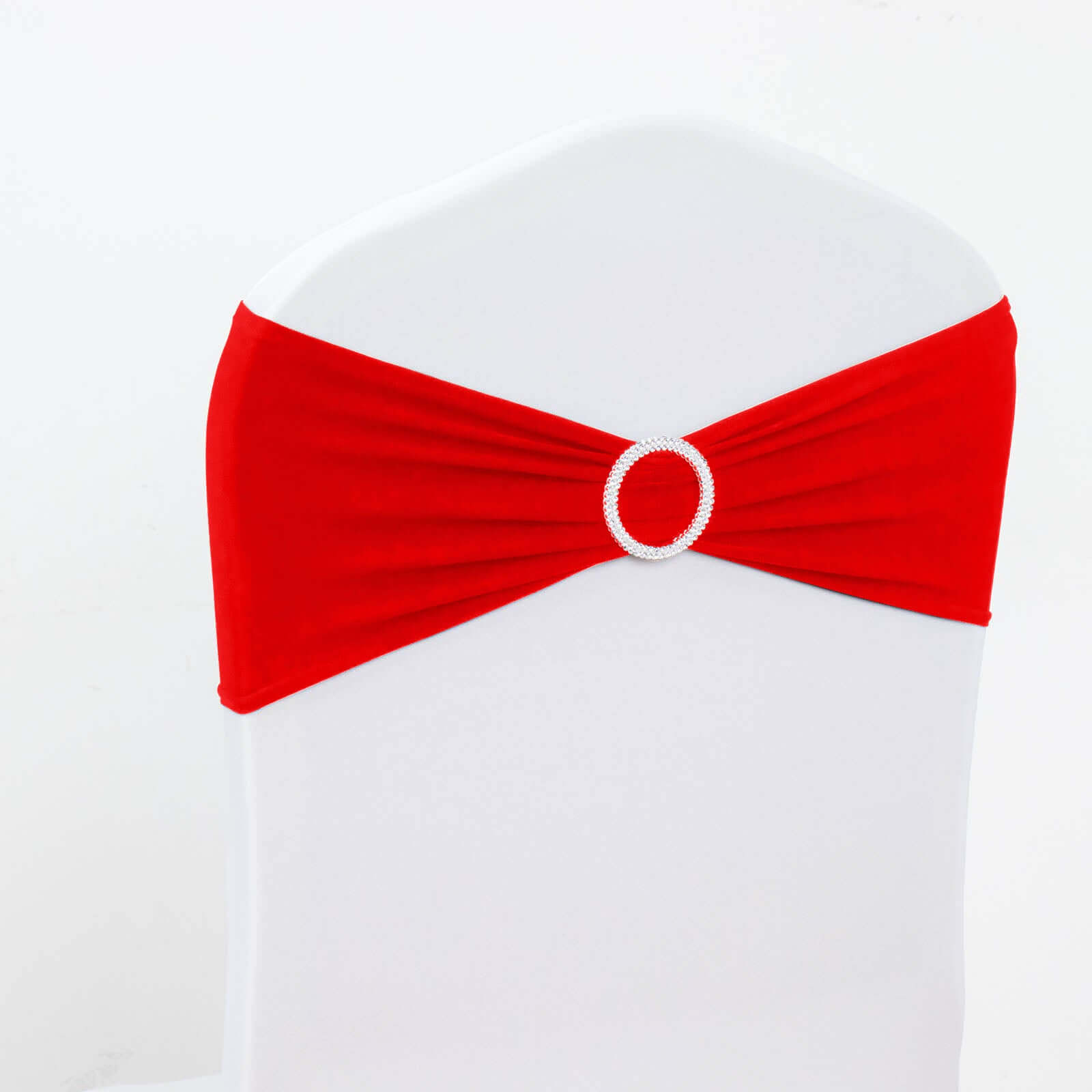 5 Pack Stretch Spandex Chair Sashes Red - Reusable Chair Bands with Silver Diamond Ring Slide Buckle 5x14