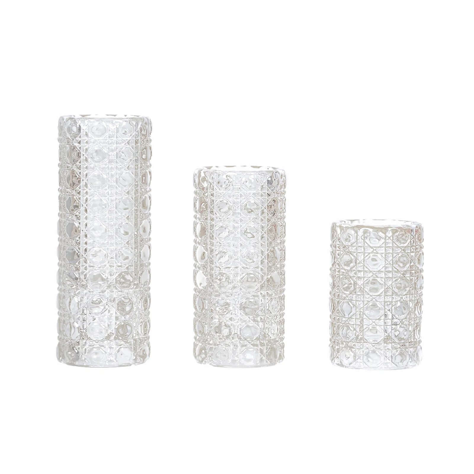 Set of 3 Glass Taper Candle Holders Clear with Gemstone Pattern - Dual Sided Crystal Cylinder Tealight Stands 3, 4, 5.5