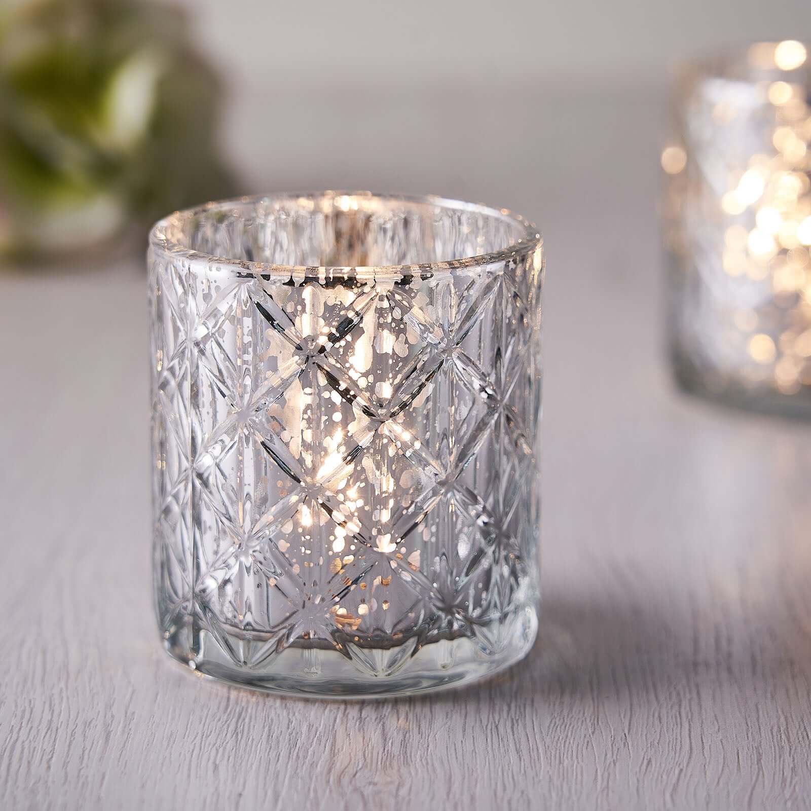 6-Pack Mercury Glass Candle Holders Shiny Silver with Geometric Design - Votive Tealight Holders 3