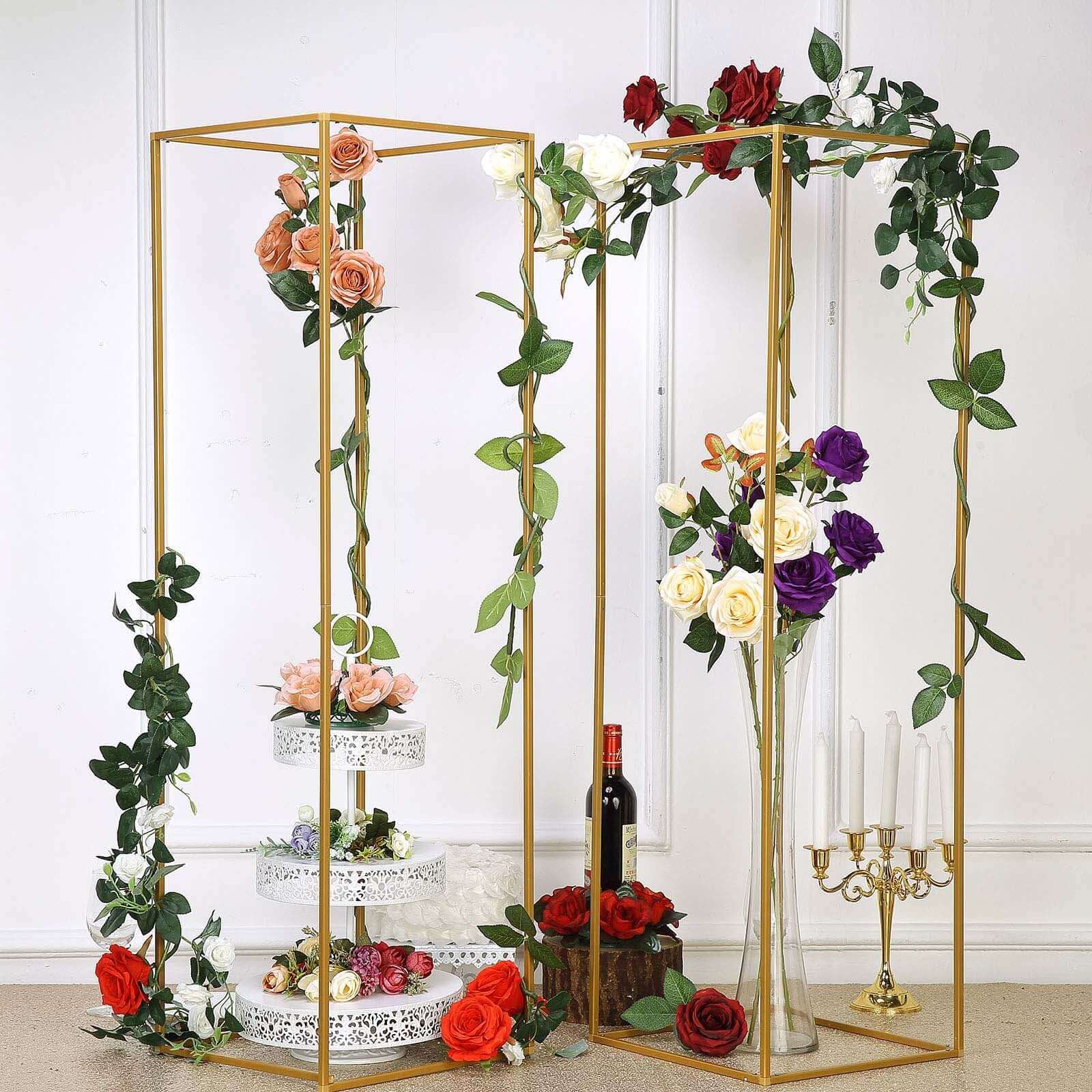 2-Pack Wedding Flower Stand Gold Metal Geometric Column Frame Rectangular - Versatile Floral Pedestal for Upscale Arrangements 48