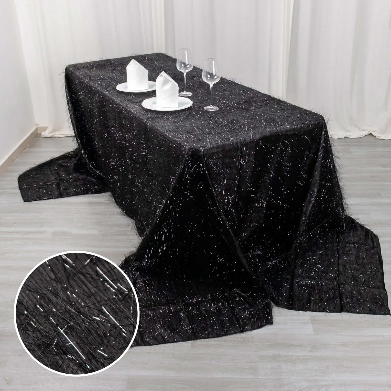 Polyester 90x156 Rectangle Tablecloth Black Metallic Fringe Shag Tinsel Table Cover