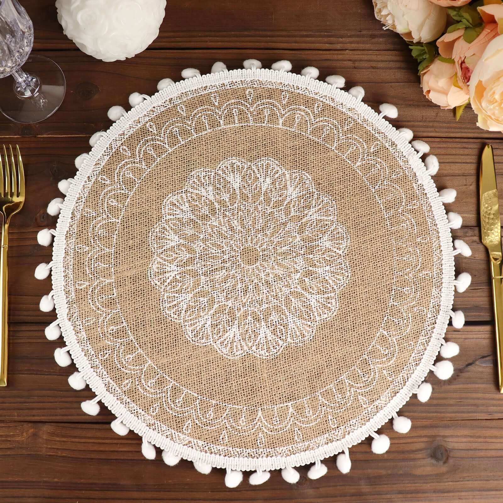 4-Pack Placemats Embroidery Mandala Print Design Natural Jute and White Round - Rustic Burlap Tassel Style with Beaded Trim 15