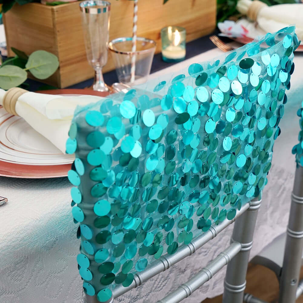 5 Pack Big Payette Sequin 13x10 Chair Sash Bands Turquoise - Stylish Glittering Decor for Weddings & Gatherings