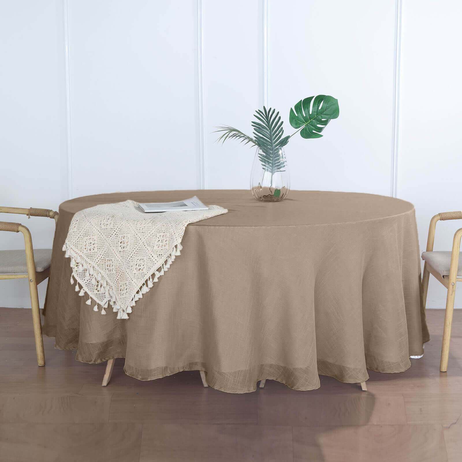 Faux Linen 108 Round Tablecloth Taupe - Slubby Textured & Wrinkle Resistant Table Cover