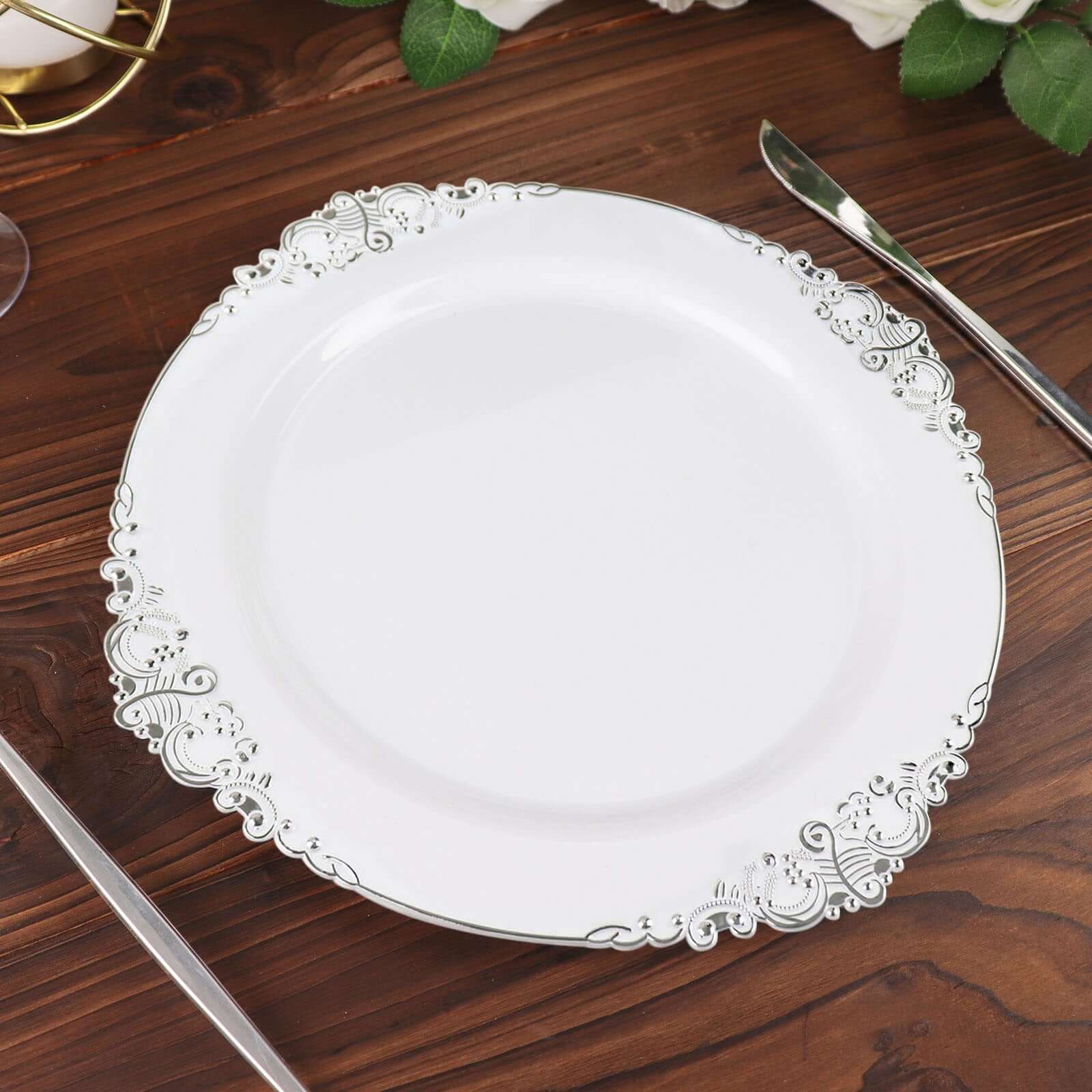 10-Pack Plastic 10 Round Dinner Plates in White with Silver Leaf Embossed Rim - Disposable Vintage Baroque Style Plates