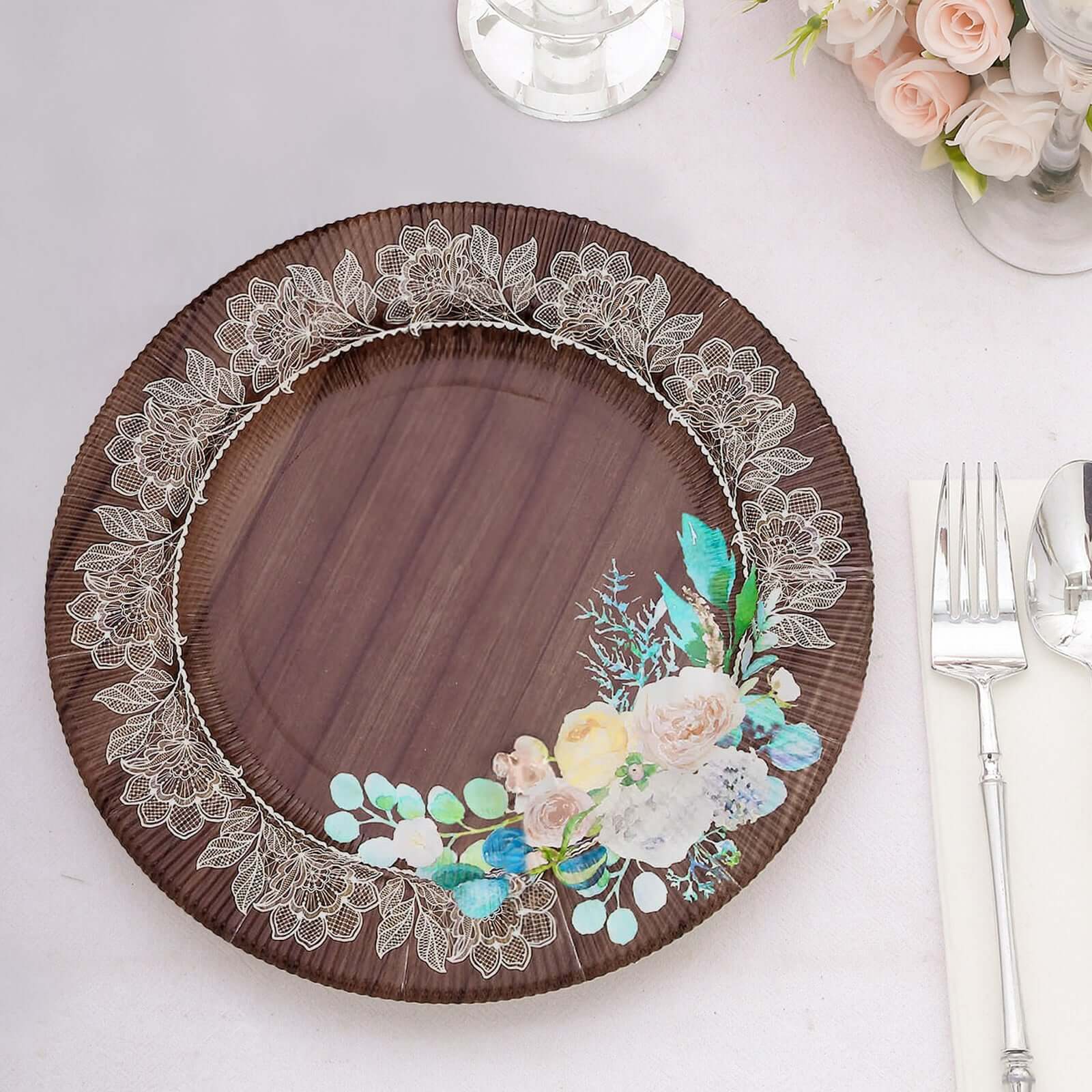 25-Pack Disposable Round Charger Plates in Brown Rustic Wood Print with Floral Lace Rim - Durable Paper Chargers for Rustic Themes & Outdoor Events 13