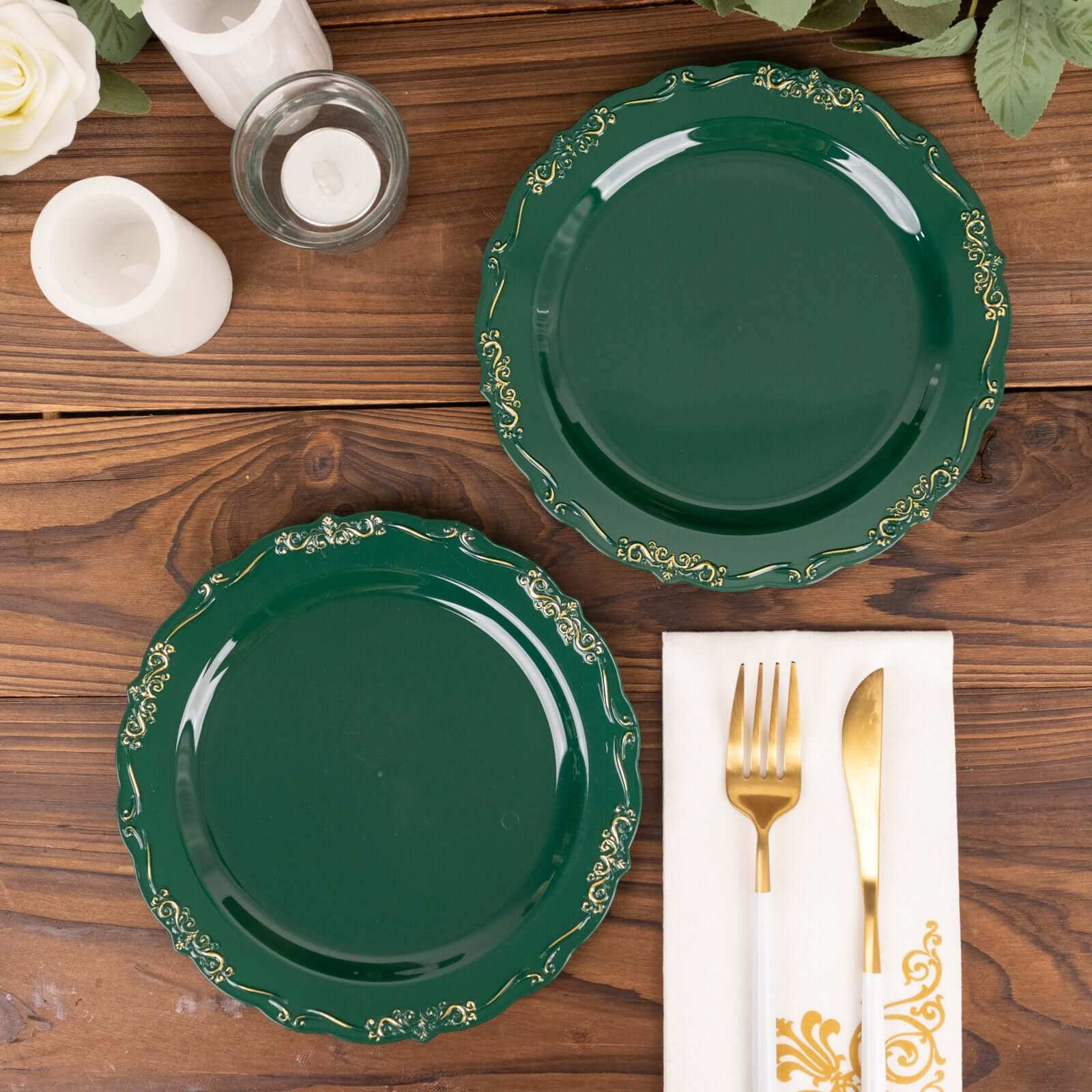 10-Pack Plastic 7 Round Dessert Plates in Hunter Emerald Green with Gold Vintage Embossed Rim - Sturdy Disposable Scalloped Edge Salad Plates