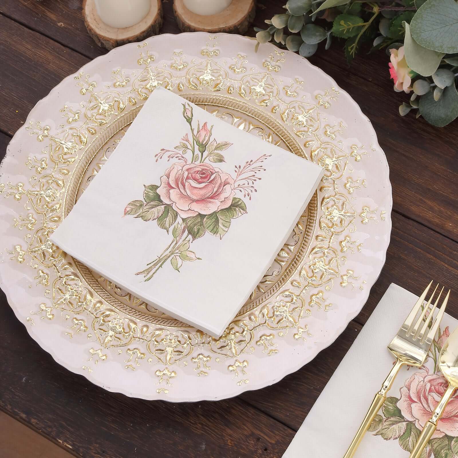 50-Pack Paper Beverage Napkins with Pink Floral Design Ivory - 2 Ply Soft 18GSM Rose Garden Wedding Napkins 6.5x6.5