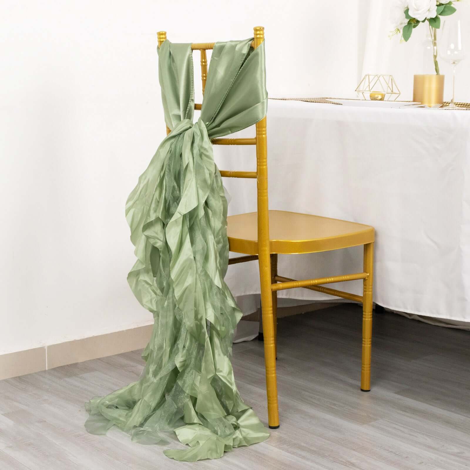 5 Pack Chiffon Satin Chair Sashes Sage Green - Easy to Install Ruffled Curly Willow