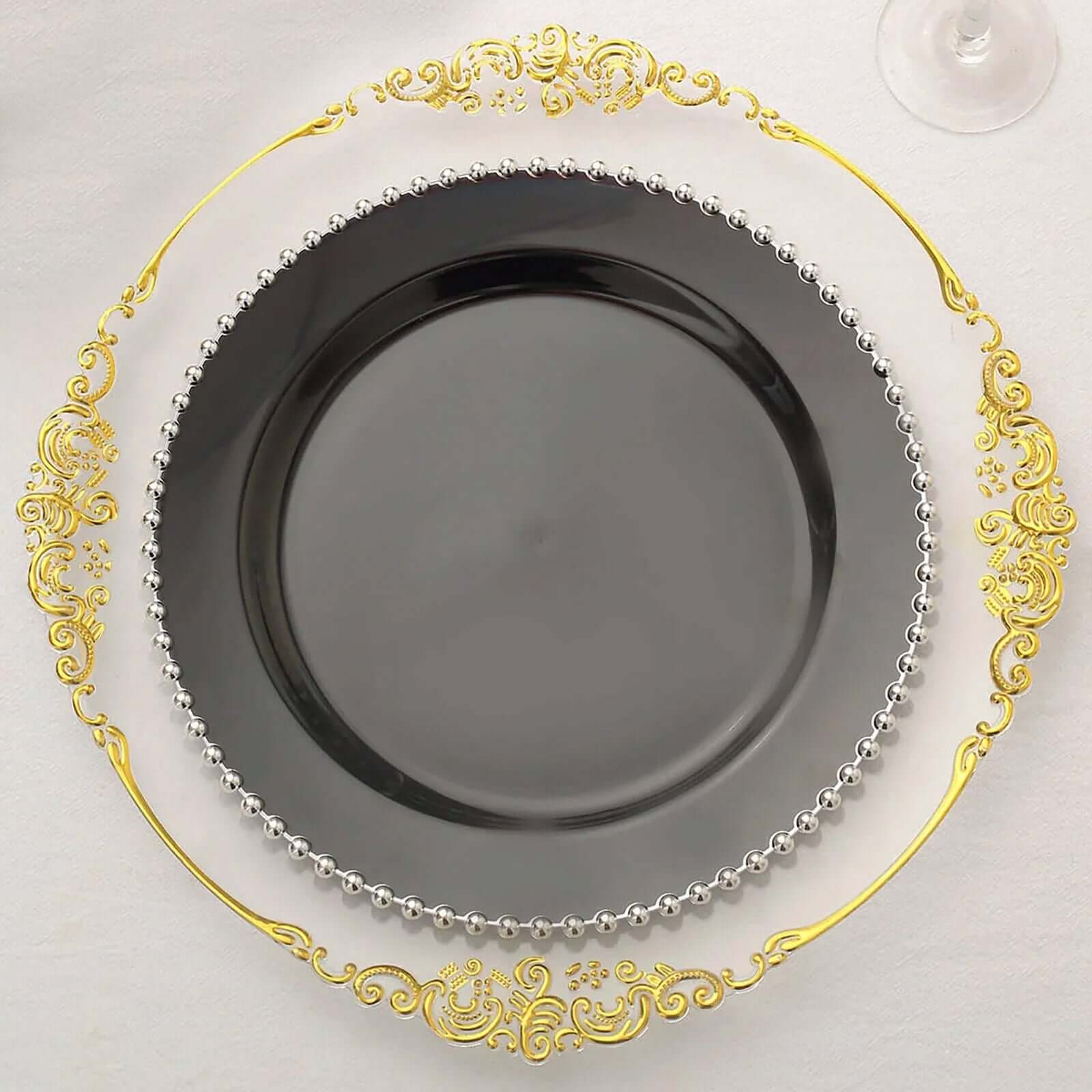 10-Pack Plastic 10 Round Dinner Plates in Black with Silver Beaded Rim - Disposable Party Plates