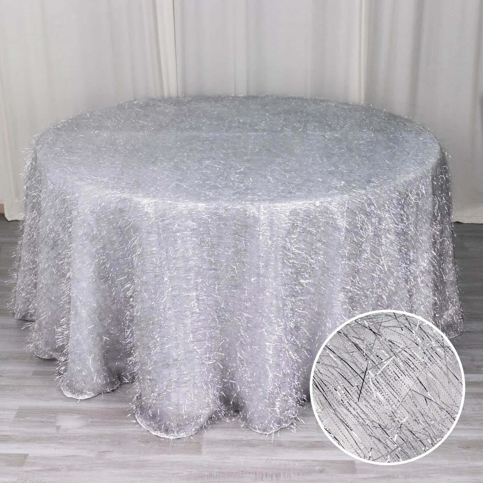 Polyester 120 Round Silver Tablecloth Metallic Fringe Shag Tinsel Table Cover