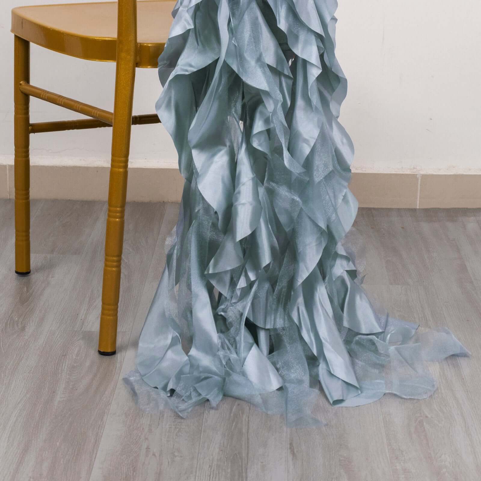 5 Pack Chiffon Satin Chair Sashes Dusty Blue - Easy to Install Ruffled Curly Willow