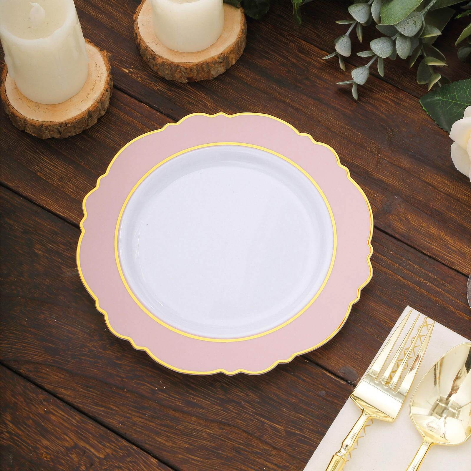 10-Pack Plastic 8 Round Dessert Plates in White with Blush Blossom Design & Gold Edging - Disposable Salad Appetizer Plates