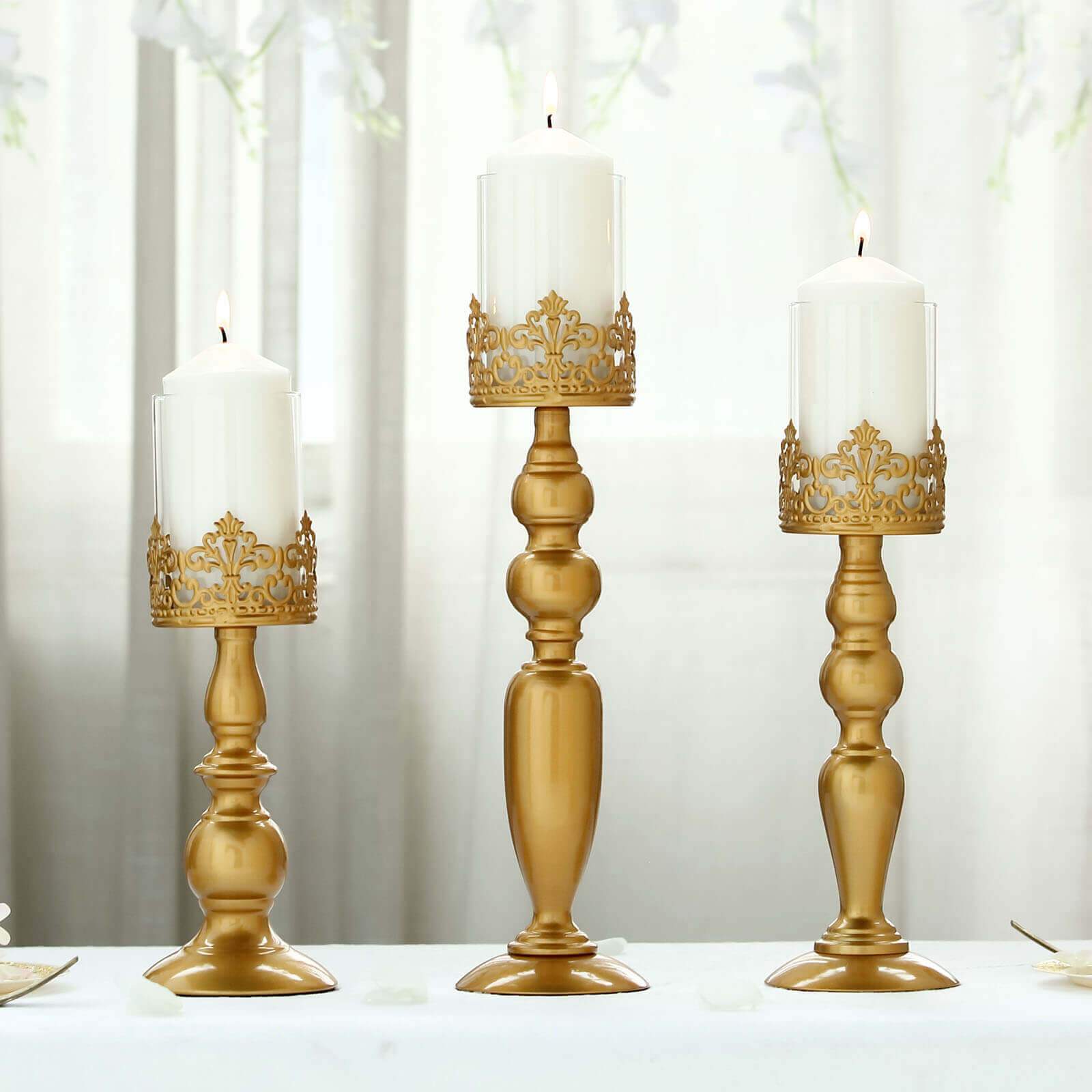 Set of 3 Lace Hurricane Candle Holders Antique Gold with Glass Shades - Chic Pillar Candle Stands 12, 14, 17