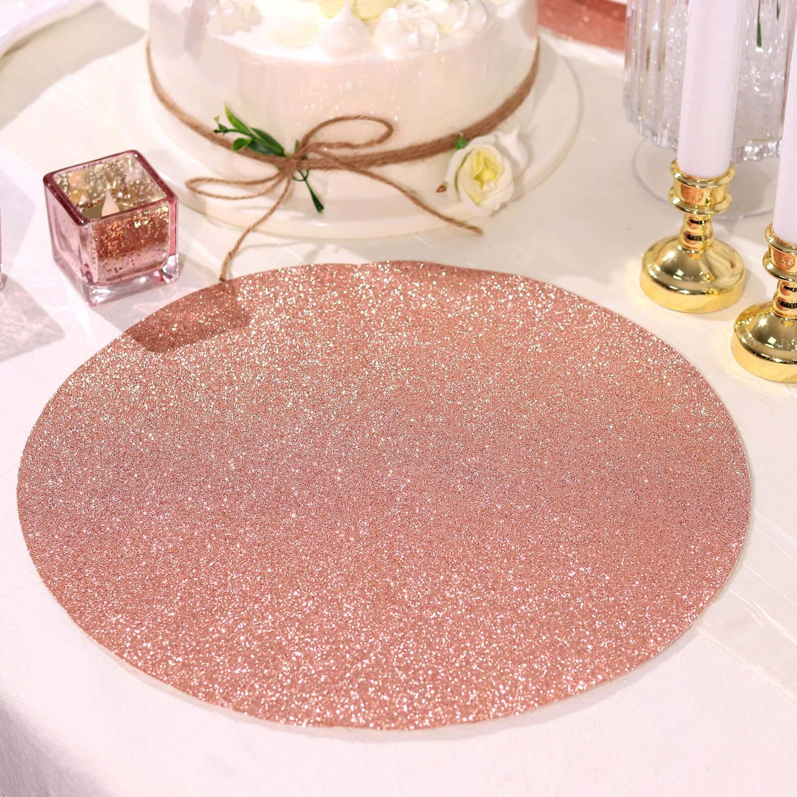 6-Pack Placemats Glitter Design Rose Gold Sparkle Round - Non-Slip Decorative Dining Table Mats 13