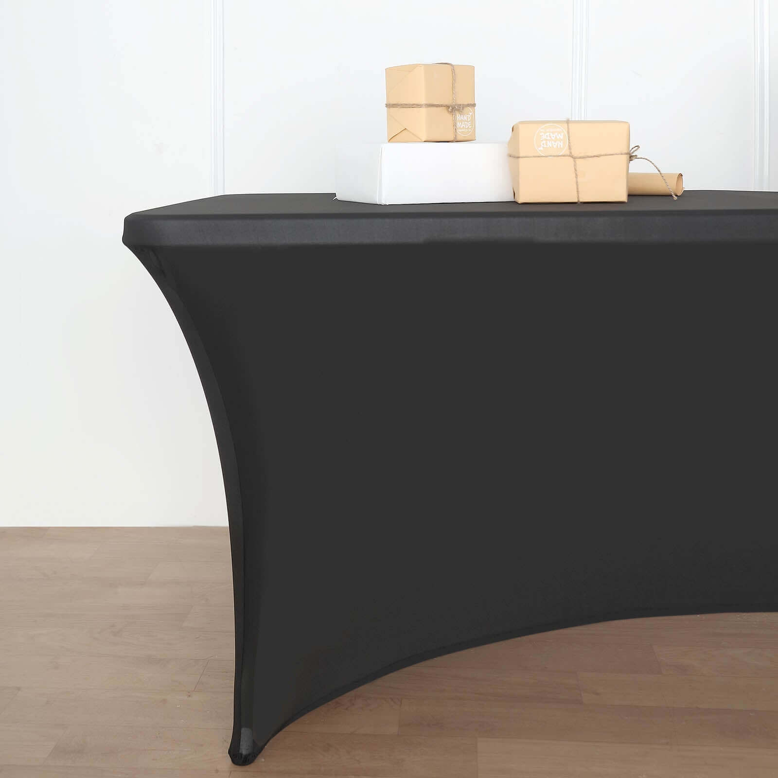 Stretch Spandex 96x30 Rectangle Table Cover Black with Curved Open Back Design Tailored Professional Look for Tradeshows, Events & Exhibitions