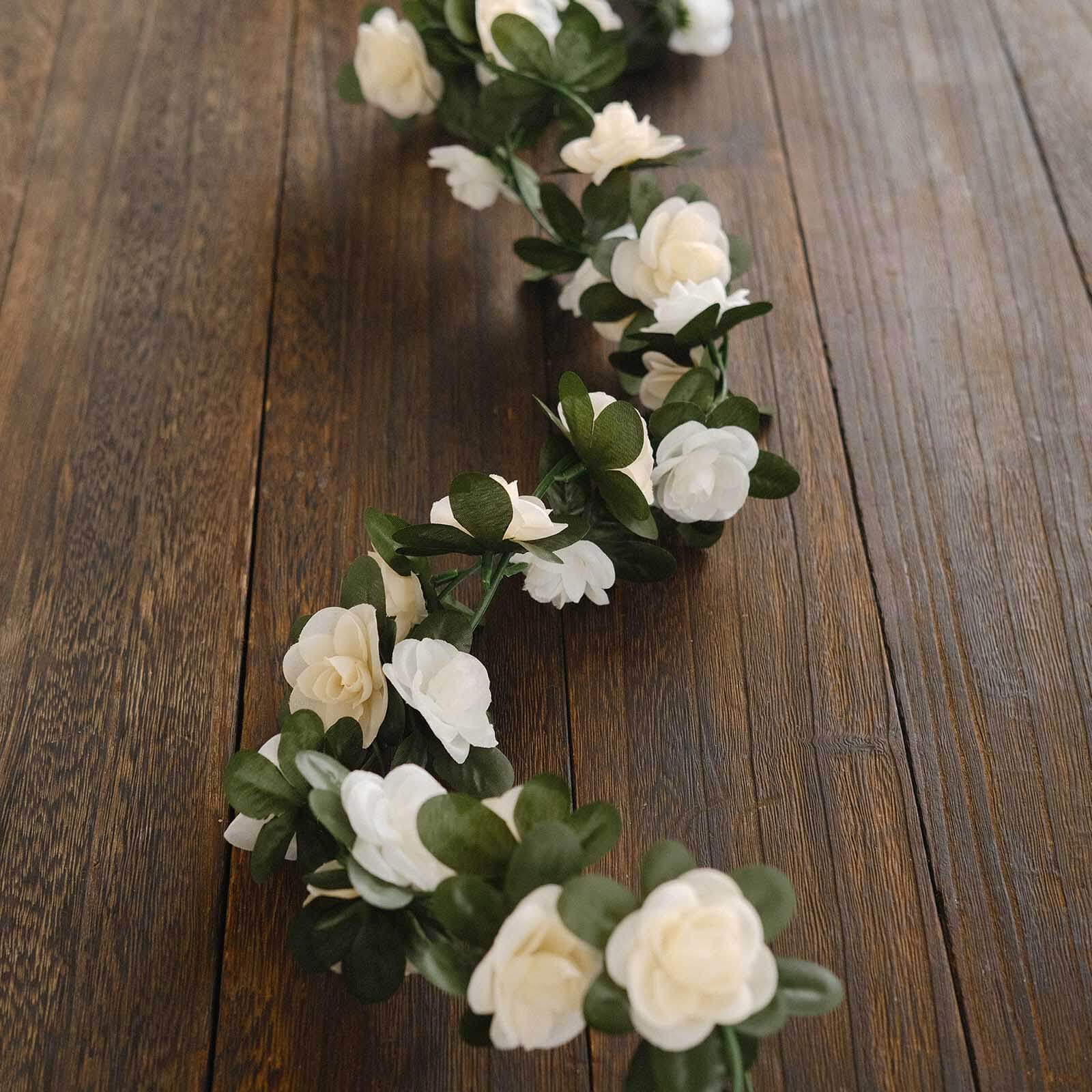 2 Pack 8ft Cream Ivory Artificial Silk Flower Garland Mini Rose Vines with 45 Flower Heads