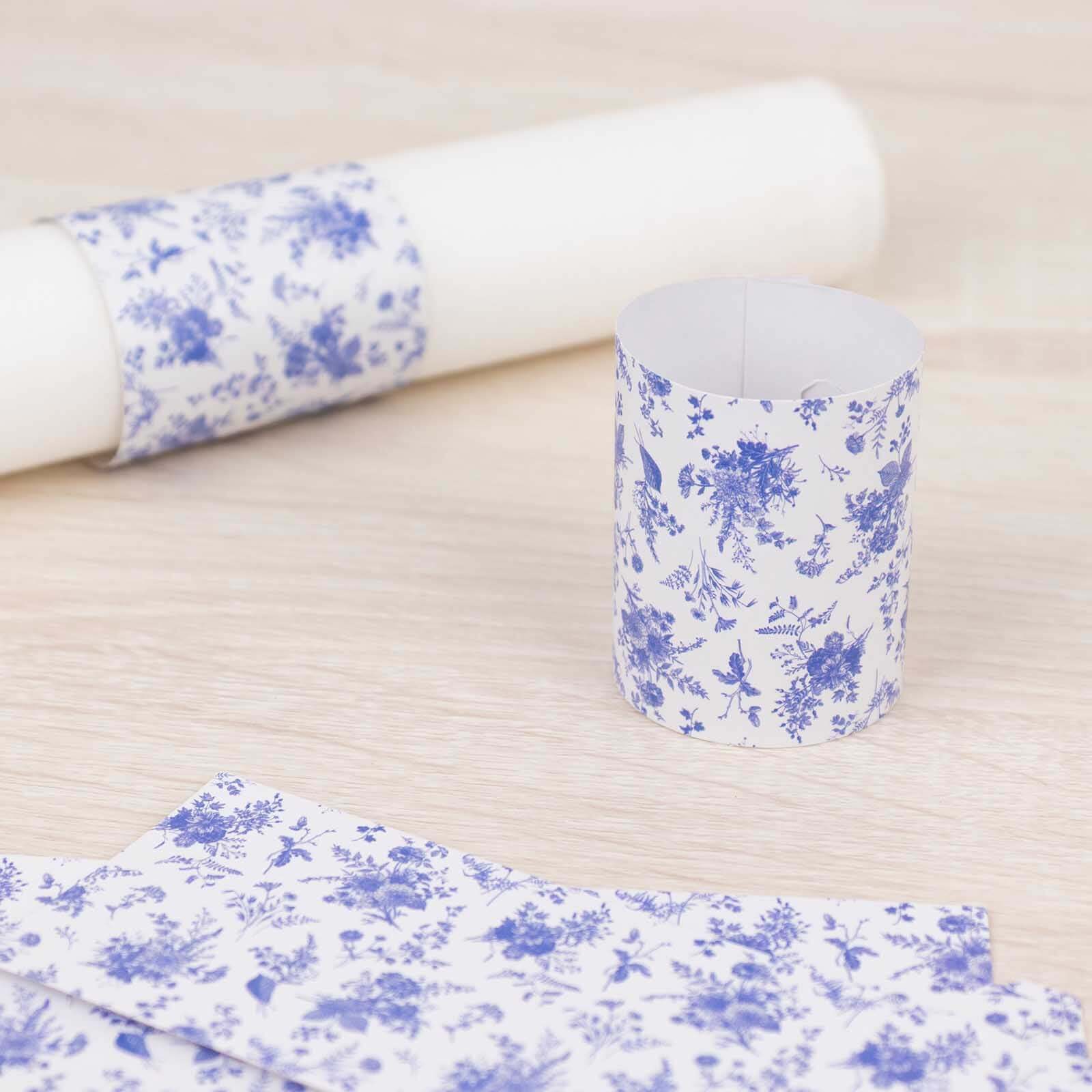 50 Pack White Blue Paper Napkin Holder Bands in French Toile Floral Pattern, Disposable Napkin Rings - 1.5