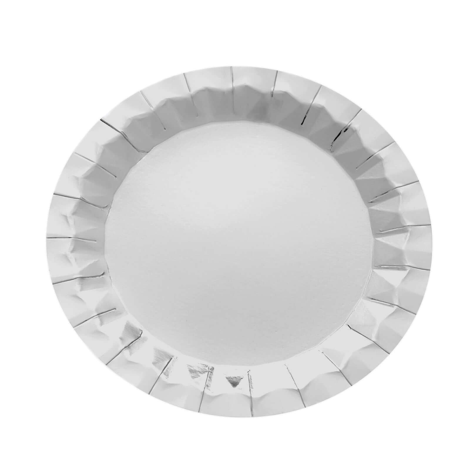 25-Pack Paper 9 Round Dinner Plates in Metallic Silver with Geometric Prism Rim - Disposable 400GSM Party Plates