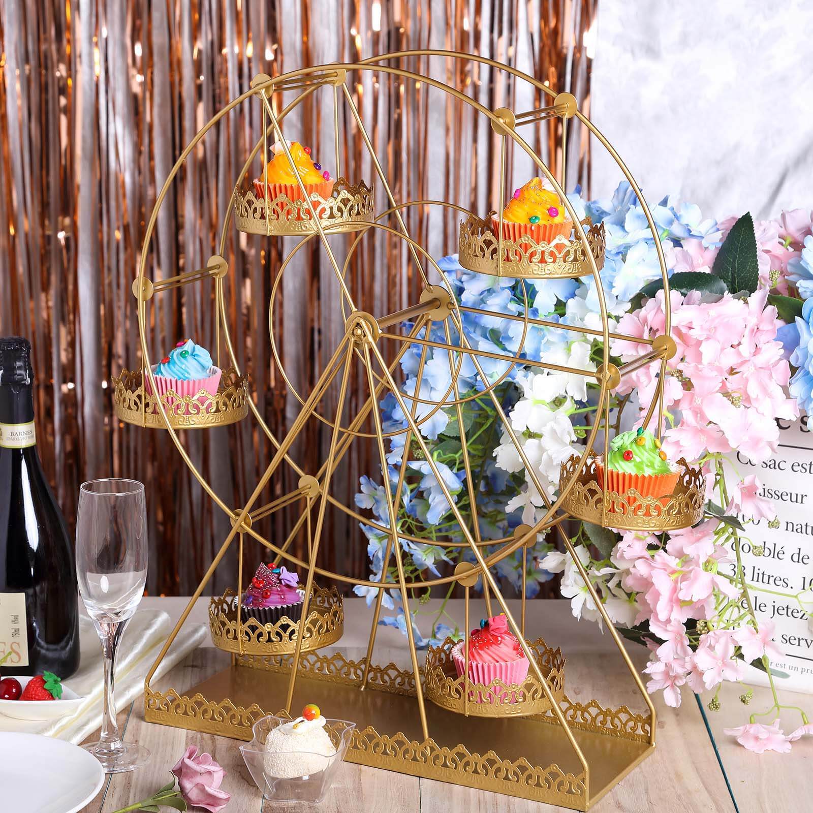 Metal Ferris Wheel Cupcake Holder Gold - Large Decorative Rotating Dessert Display Stand for Carnival-Themed Events Baby Showers & Weddings 23