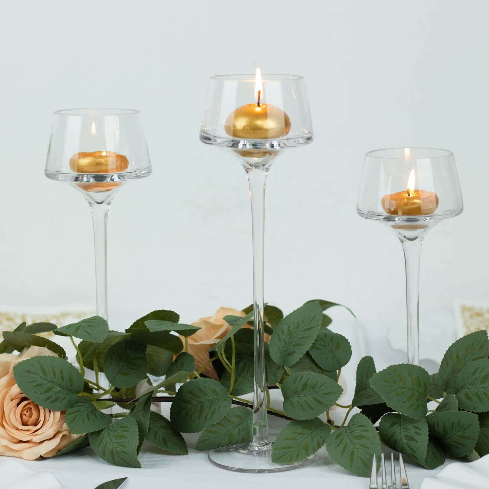 Set of 3 Glass Pedestal Vases Long Stem Clear - Tall Disc Candle Holders for Floral Centerpieces 8, 9, 10