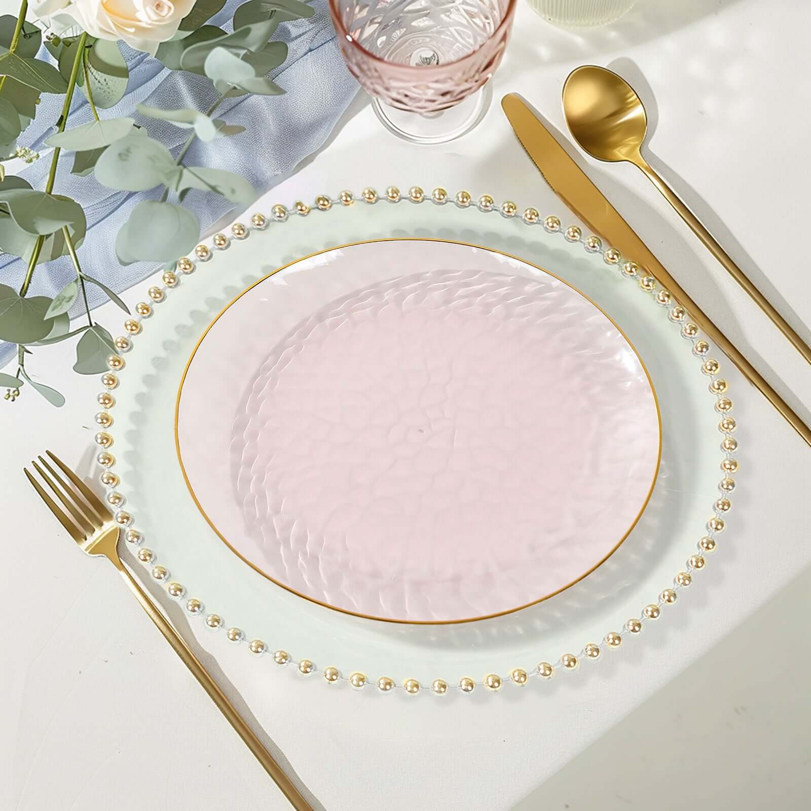 10-Pack Plastic 9 Round Dinner Plates in Transparent Blush Hammered Design with Gold Rim - Modern Disposable Party Plates