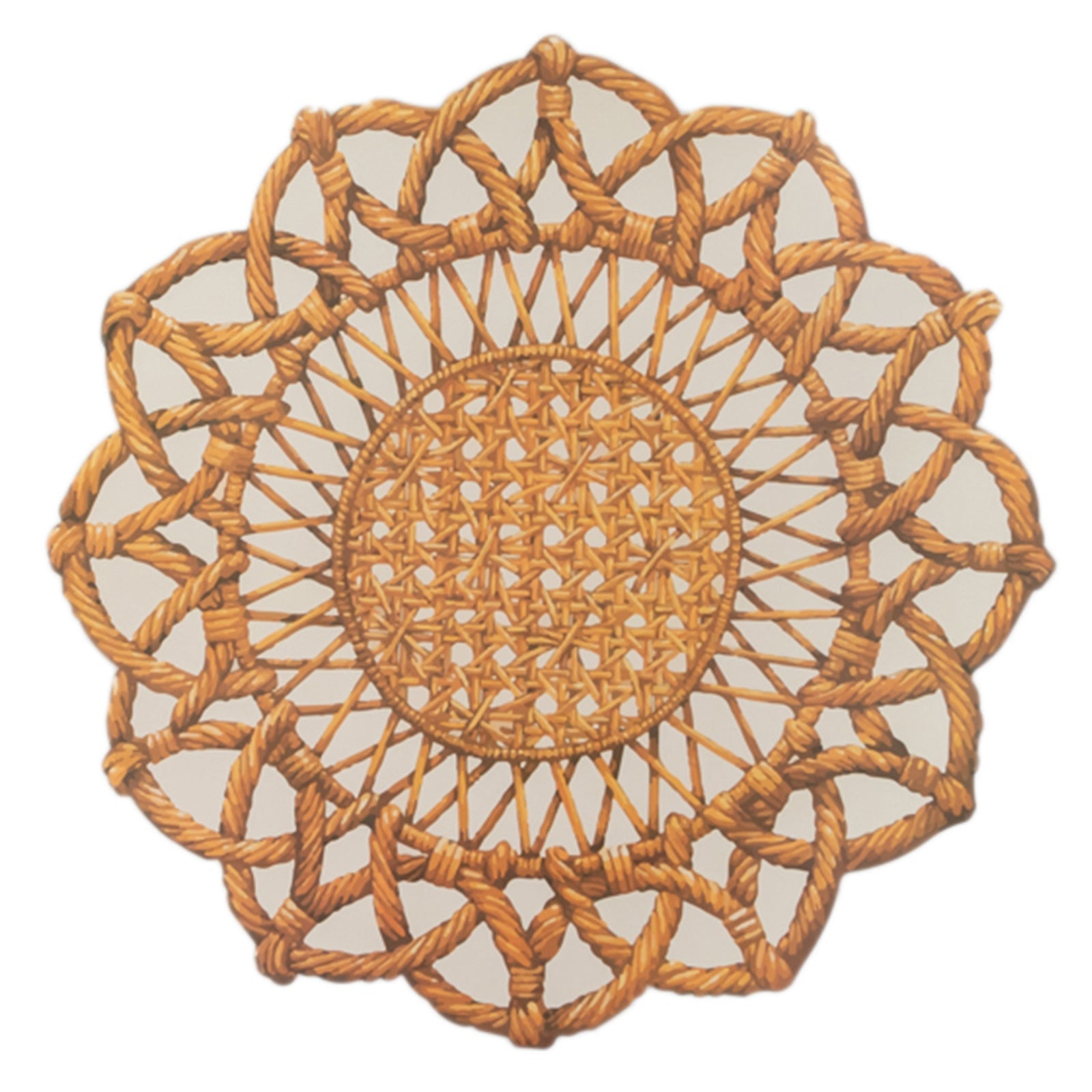 10-Pack Disposable Table Placemats in Brown with Die-Cut Rattan Weave Print - Large Rustic Farmhouse Scalloped Rim Floral Paper Placemats 16