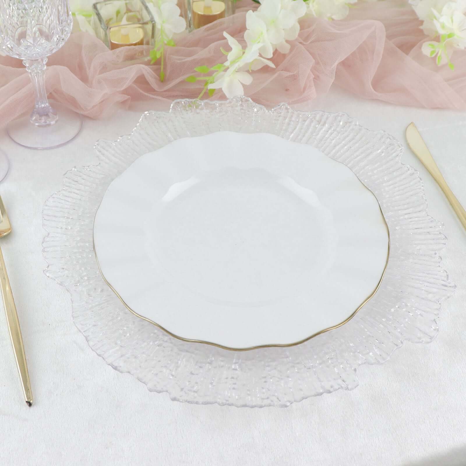 10-Pack Plastic 9 Round Dinner Plates in White Ruffled Rim with Gold Edging - Sturdy Disposable Dinnerware for Classy Events & Banquets