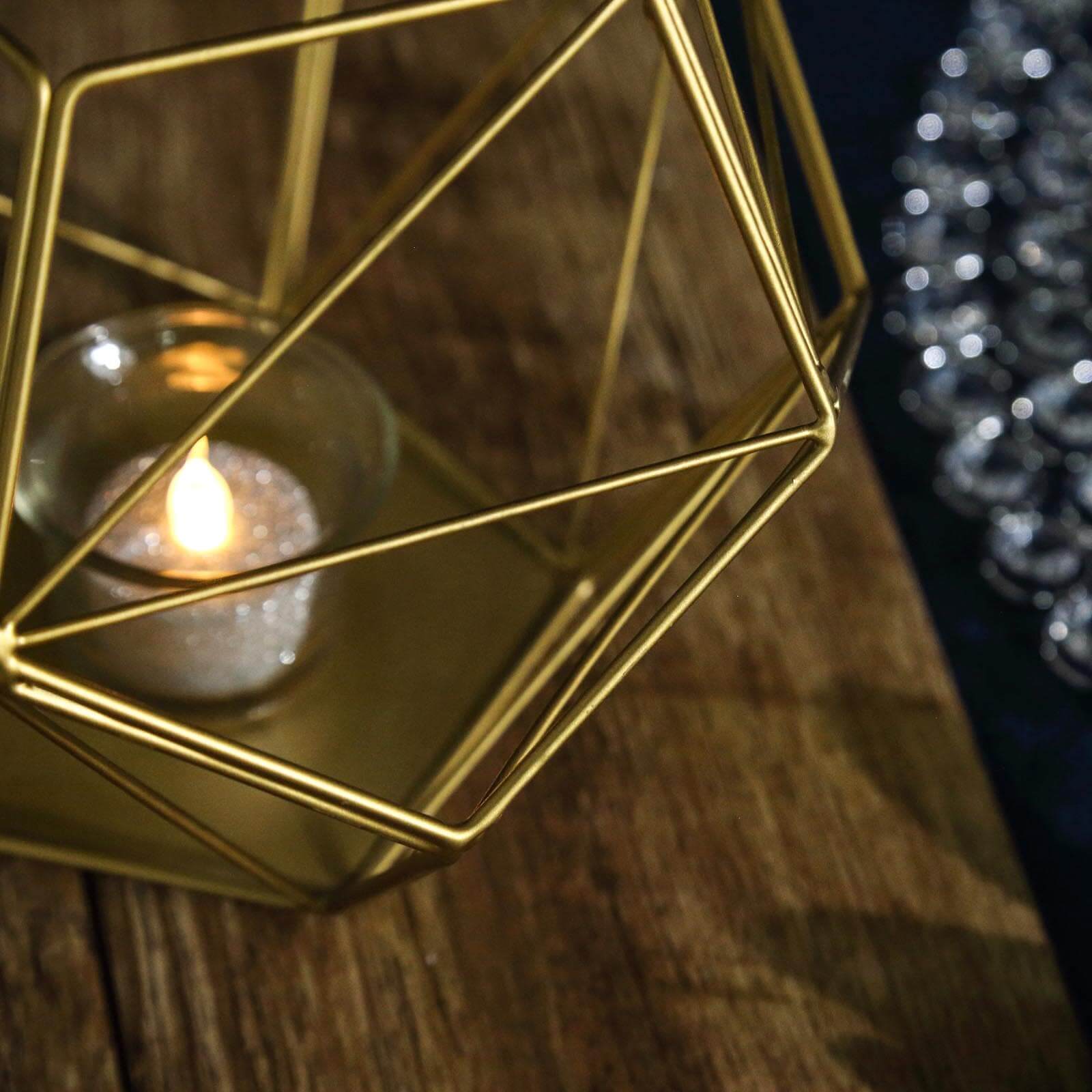 Tealight Candle Holder Gold Metal Pentagon Prism Geometric Open Frame - Flower Stand 7